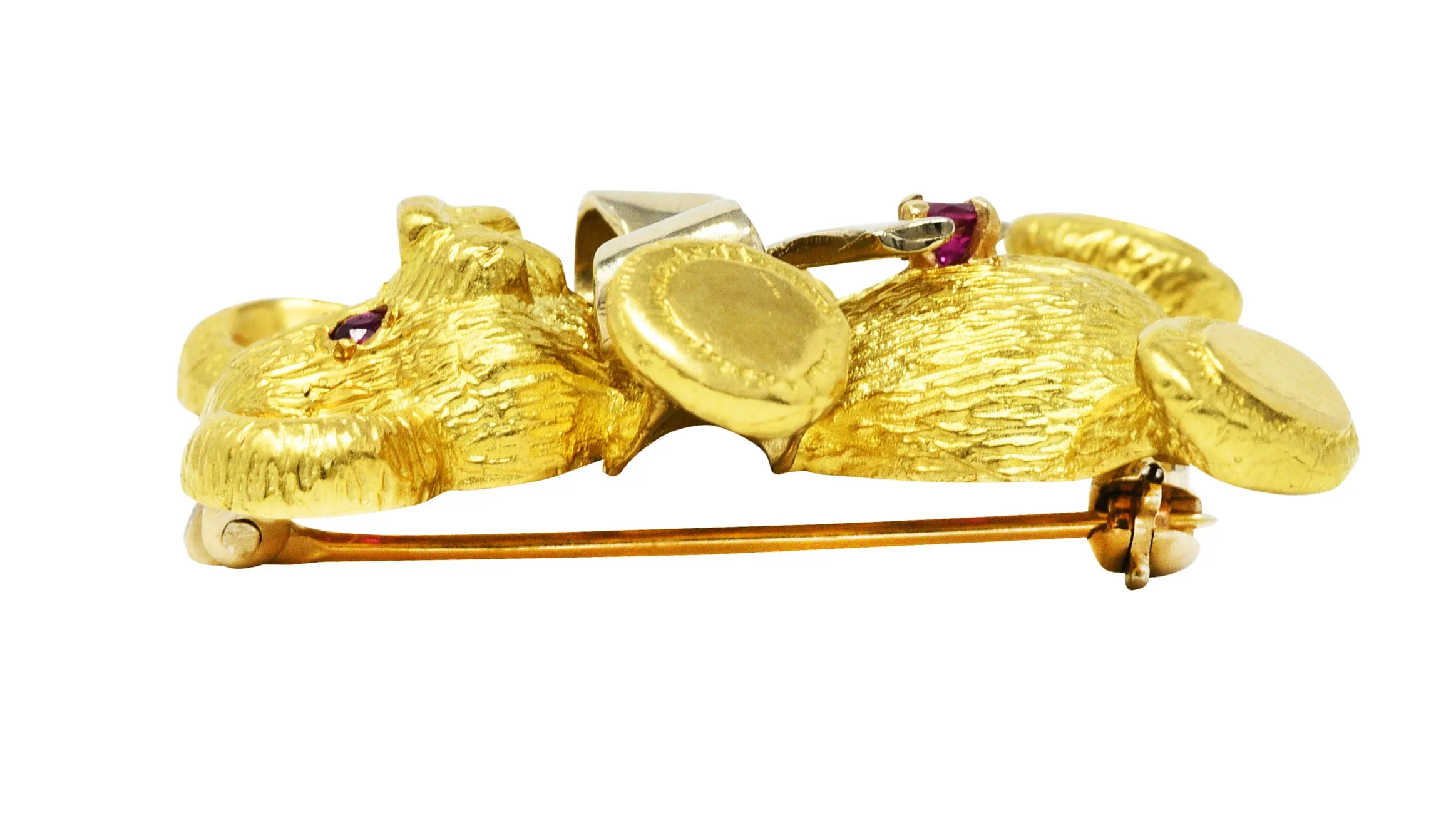1970's Vintage Ruby 18 Karat Two-Tone Gold Teddy Bear Brooch