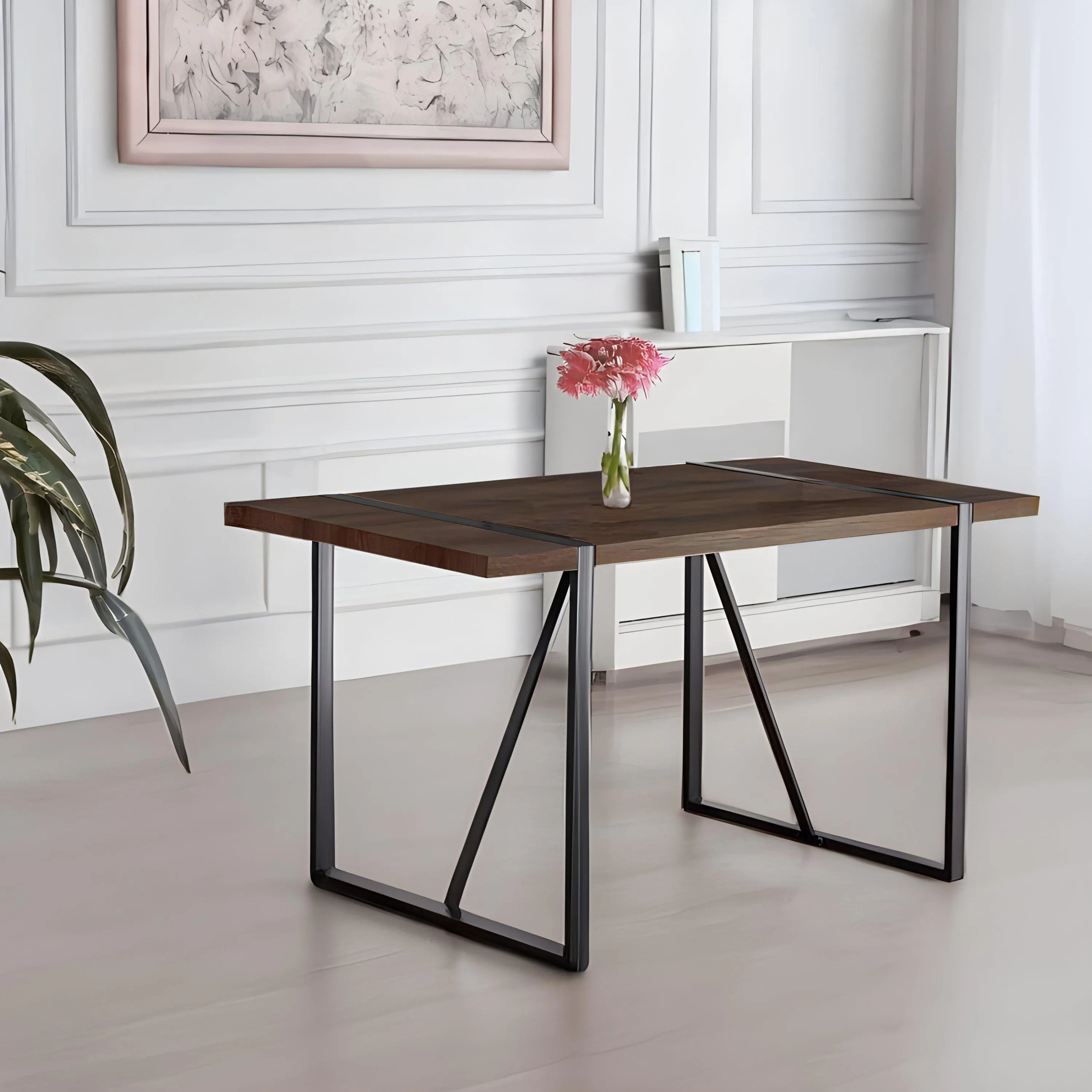 55" Rustic Industrial Walnut Dining Table, 1.5" MDF Top, Black Metal Legs