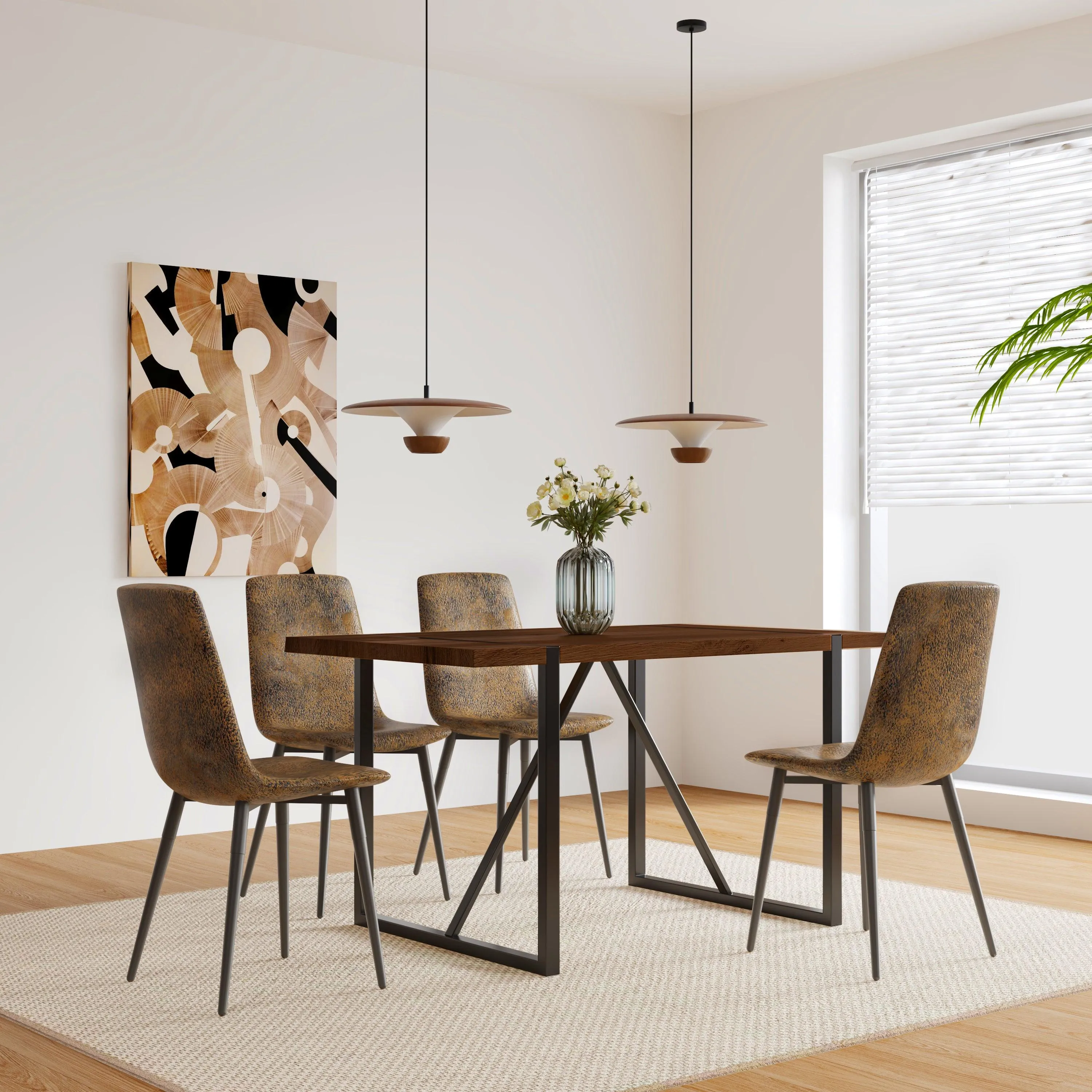 55" Rustic Industrial Walnut Dining Table, 1.5" MDF Top, Black Metal Legs