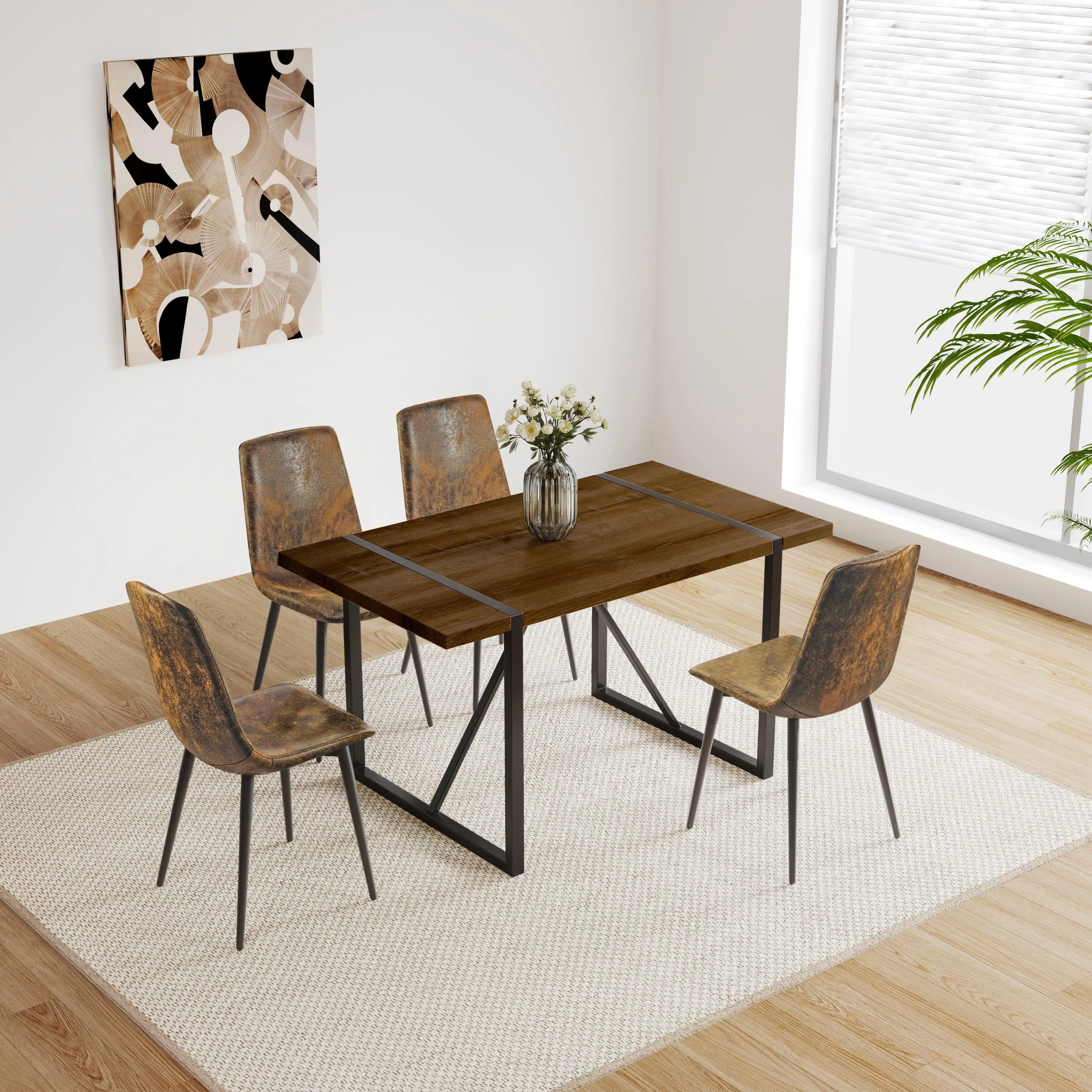 55" Rustic Industrial Walnut Dining Table, 1.5" MDF Top, Black Metal Legs