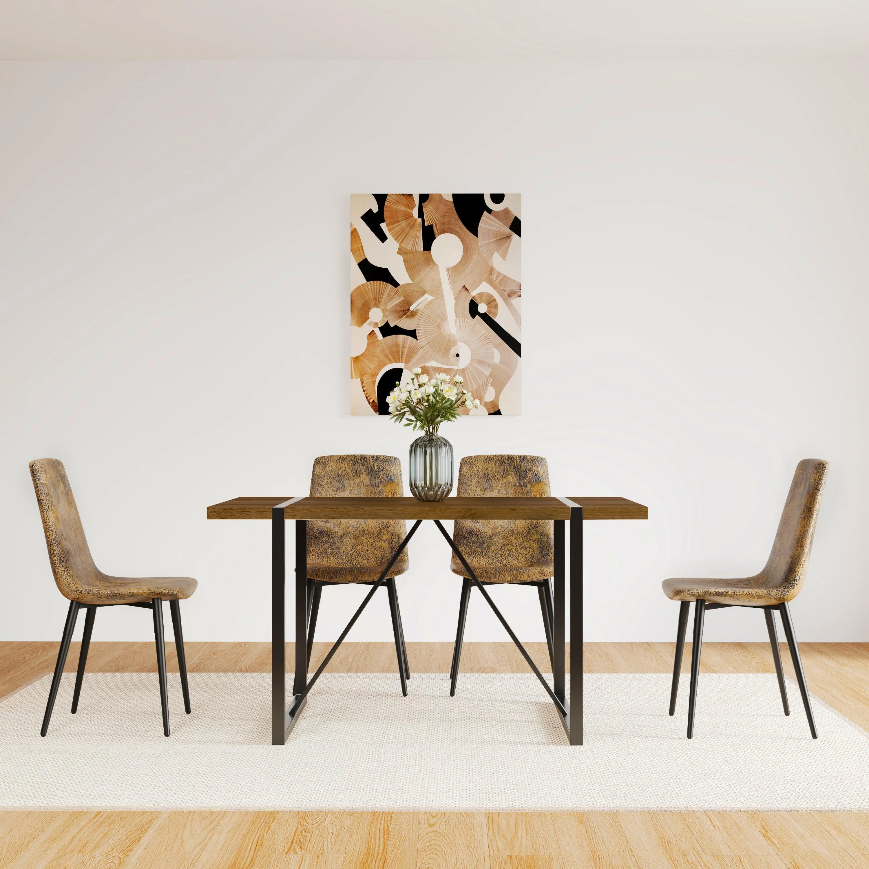 55" Rustic Industrial Walnut Dining Table, 1.5" MDF Top, Black Metal Legs