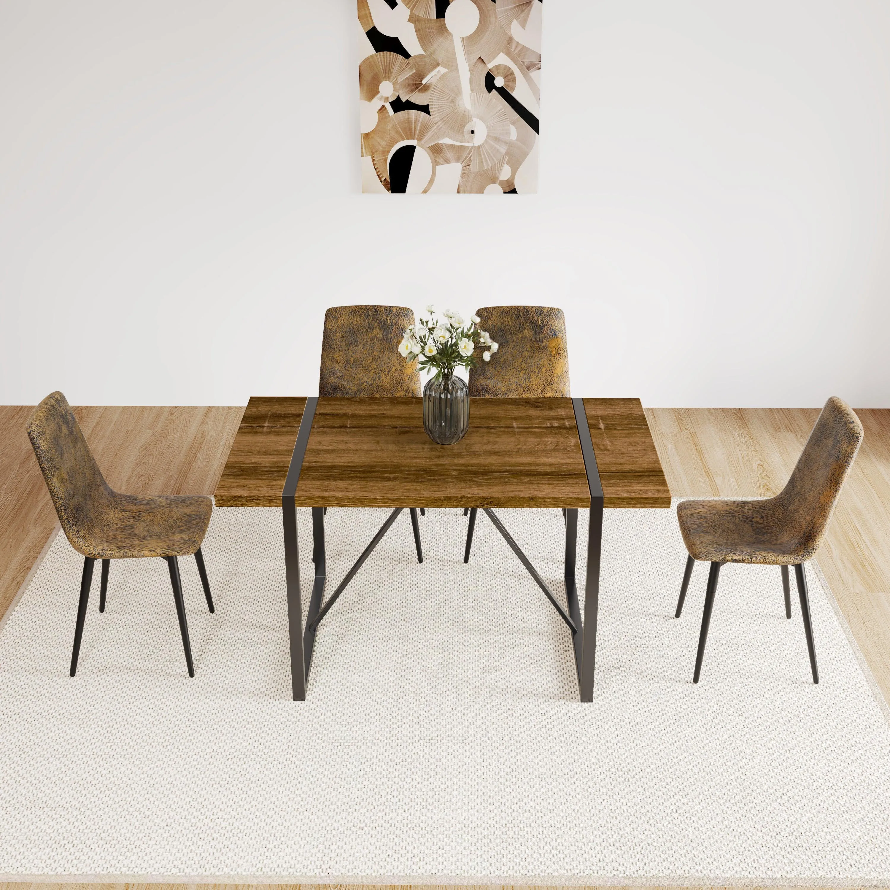 55" Rustic Industrial Walnut Dining Table, 1.5" MDF Top, Black Metal Legs