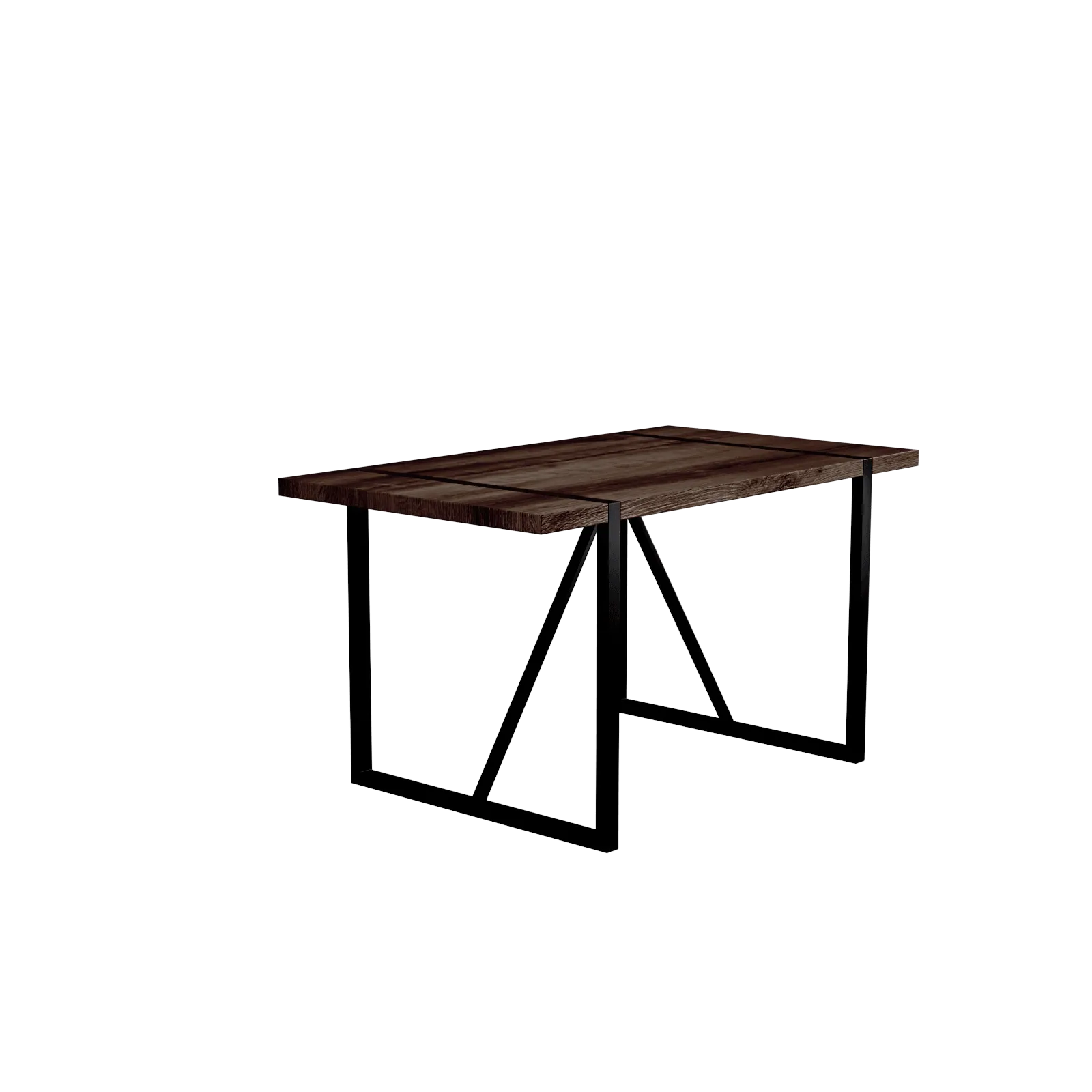 55" Rustic Industrial Walnut Dining Table, 1.5" MDF Top, Black Metal Legs
