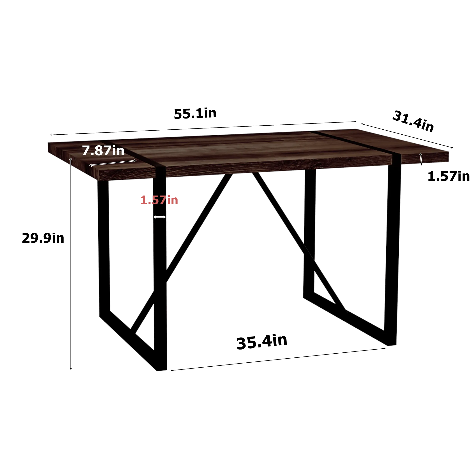55" Rustic Industrial Walnut Dining Table, 1.5" MDF Top, Black Metal Legs