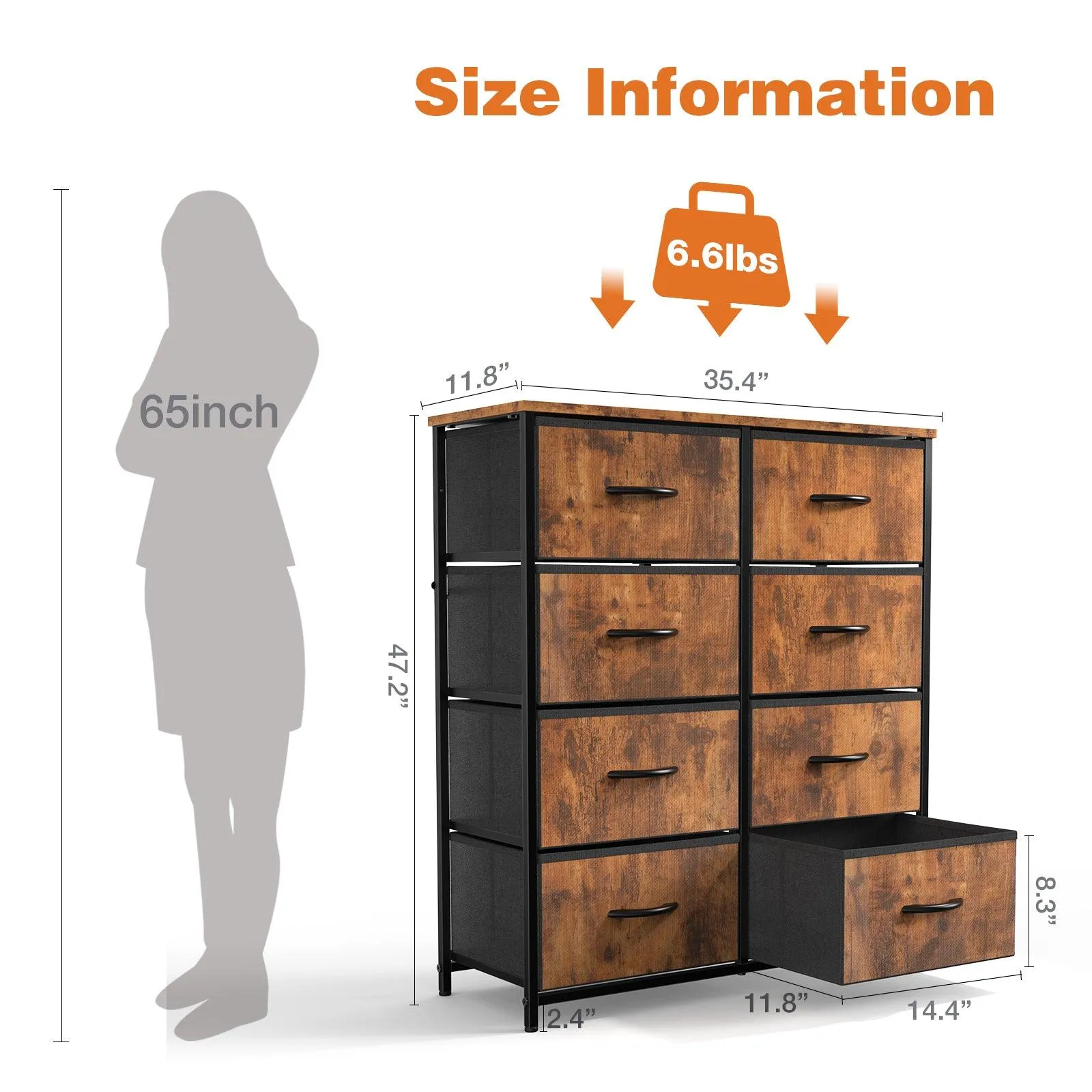8-Drawer Tall Dresser for Bedroom, Fabric Chest with Wood Top and Sturdy Steel Frame
