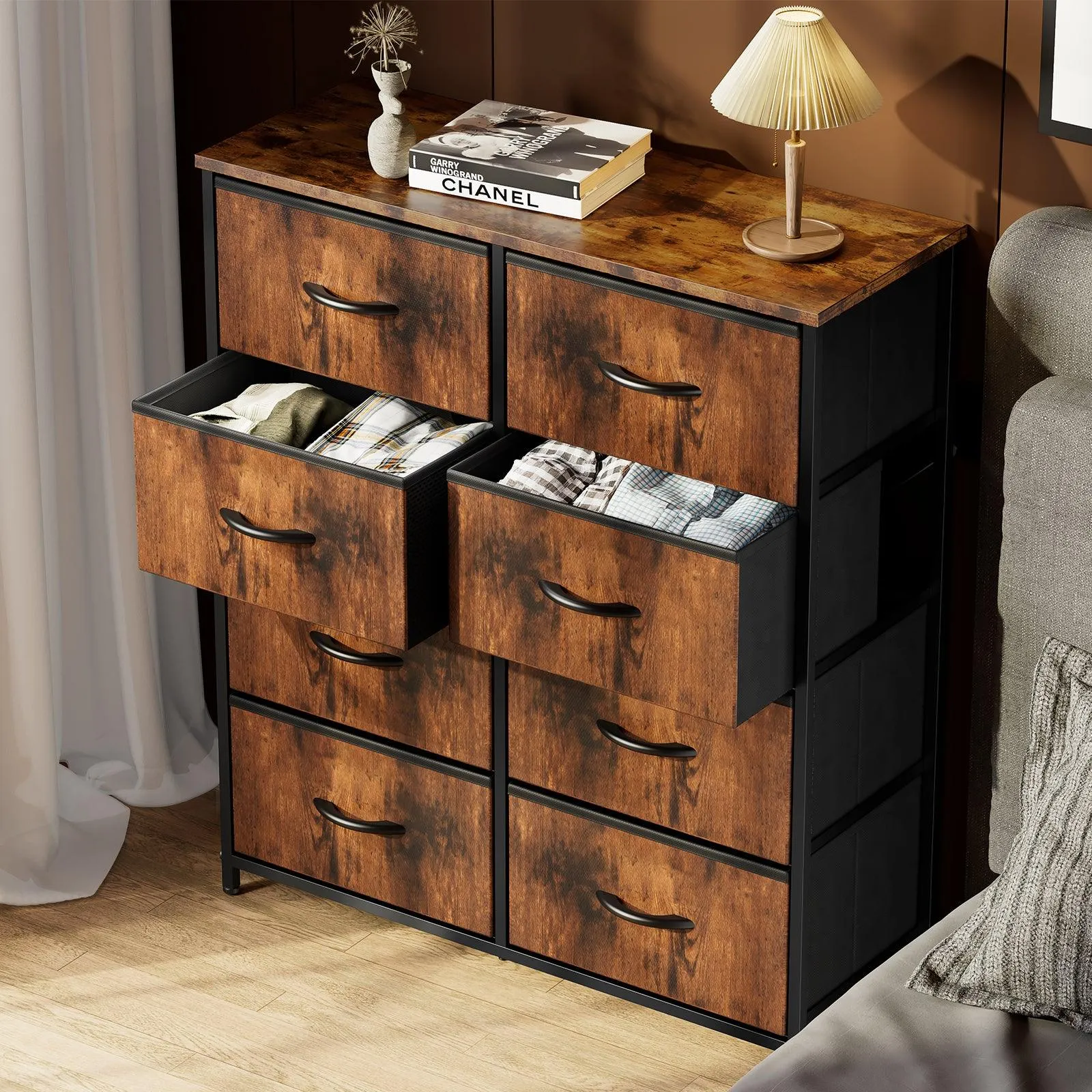 8-Drawer Tall Dresser for Bedroom, Fabric Chest with Wood Top and Sturdy Steel Frame