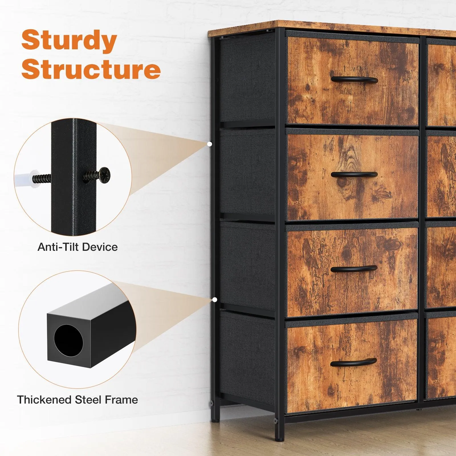 8-Drawer Tall Dresser for Bedroom, Fabric Chest with Wood Top and Sturdy Steel Frame