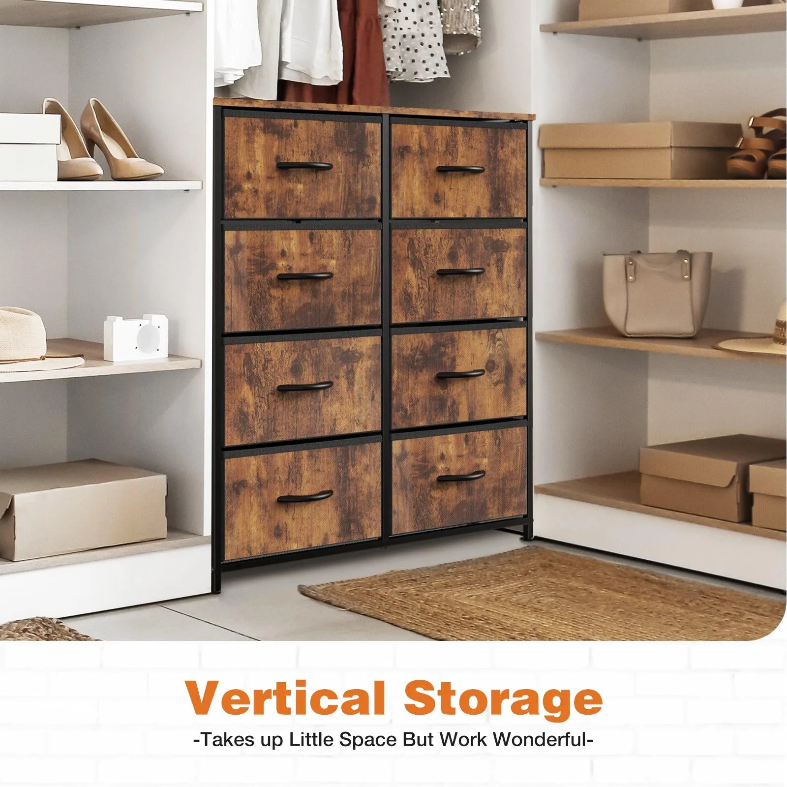 8-Drawer Tall Dresser for Bedroom, Fabric Chest with Wood Top and Sturdy Steel Frame