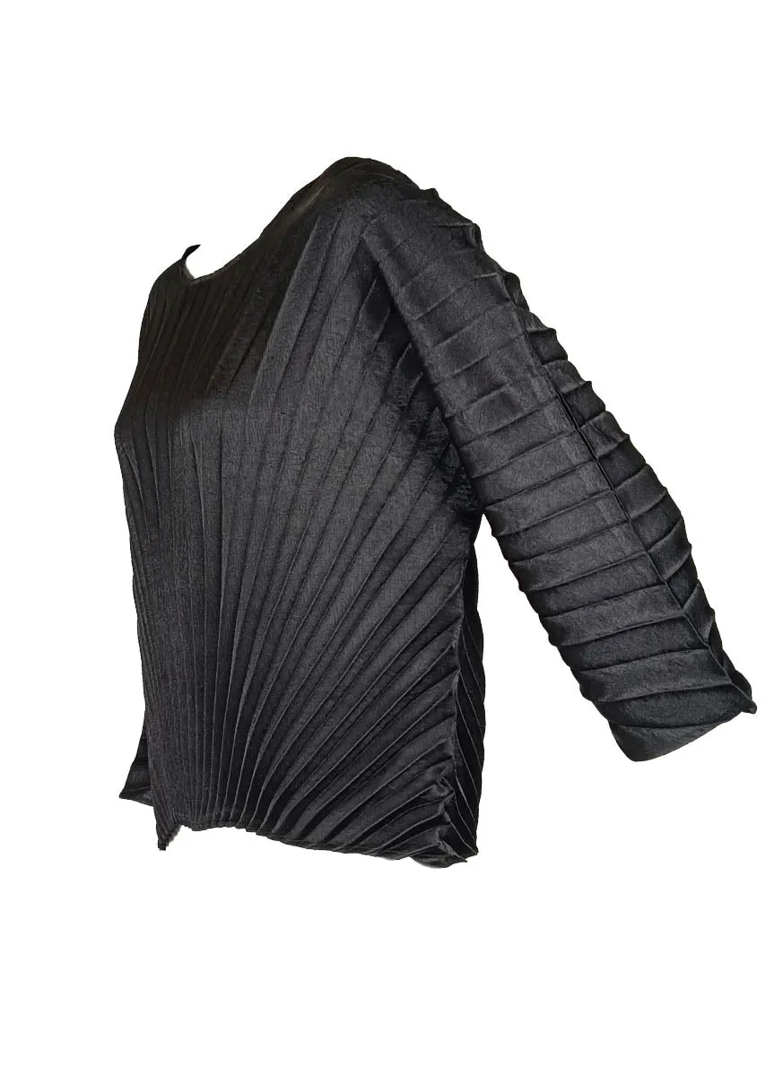 9240002 Round Neck Loose Pleated Top *Black