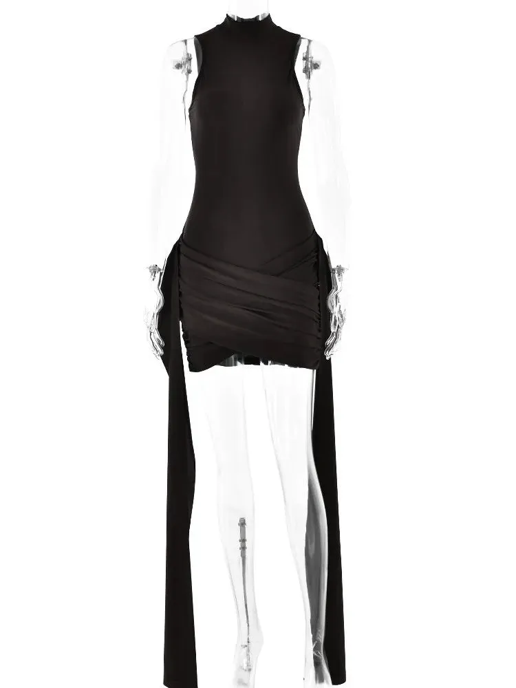 Articat Elegant Sleeveless High Neck Elastic Slim Lace-Up Dress – Women’s Tight Party Club Evening Dress, Elegant Short Dress Vestido