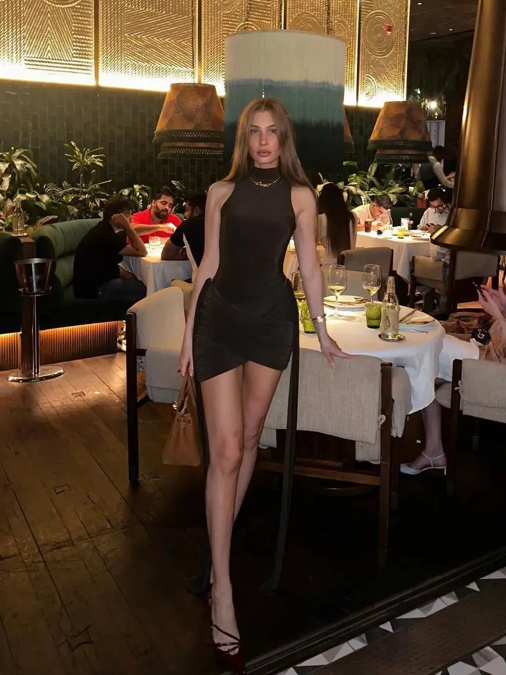 Articat Elegant Sleeveless High Neck Elastic Slim Lace-Up Dress – Women’s Tight Party Club Evening Dress, Elegant Short Dress Vestido