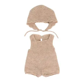Baby Doll Clothes - Knitted Outfit, Beige Rompers   Bonnet, 15"