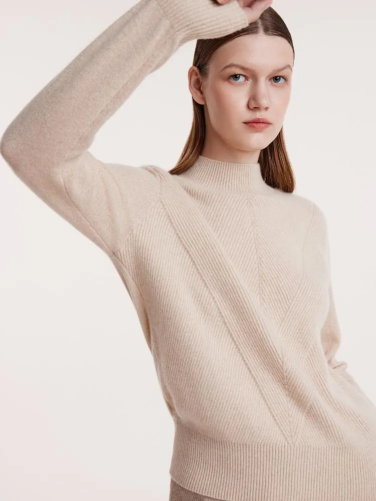 Beige Pure Cashmere Mock Neck Sweater