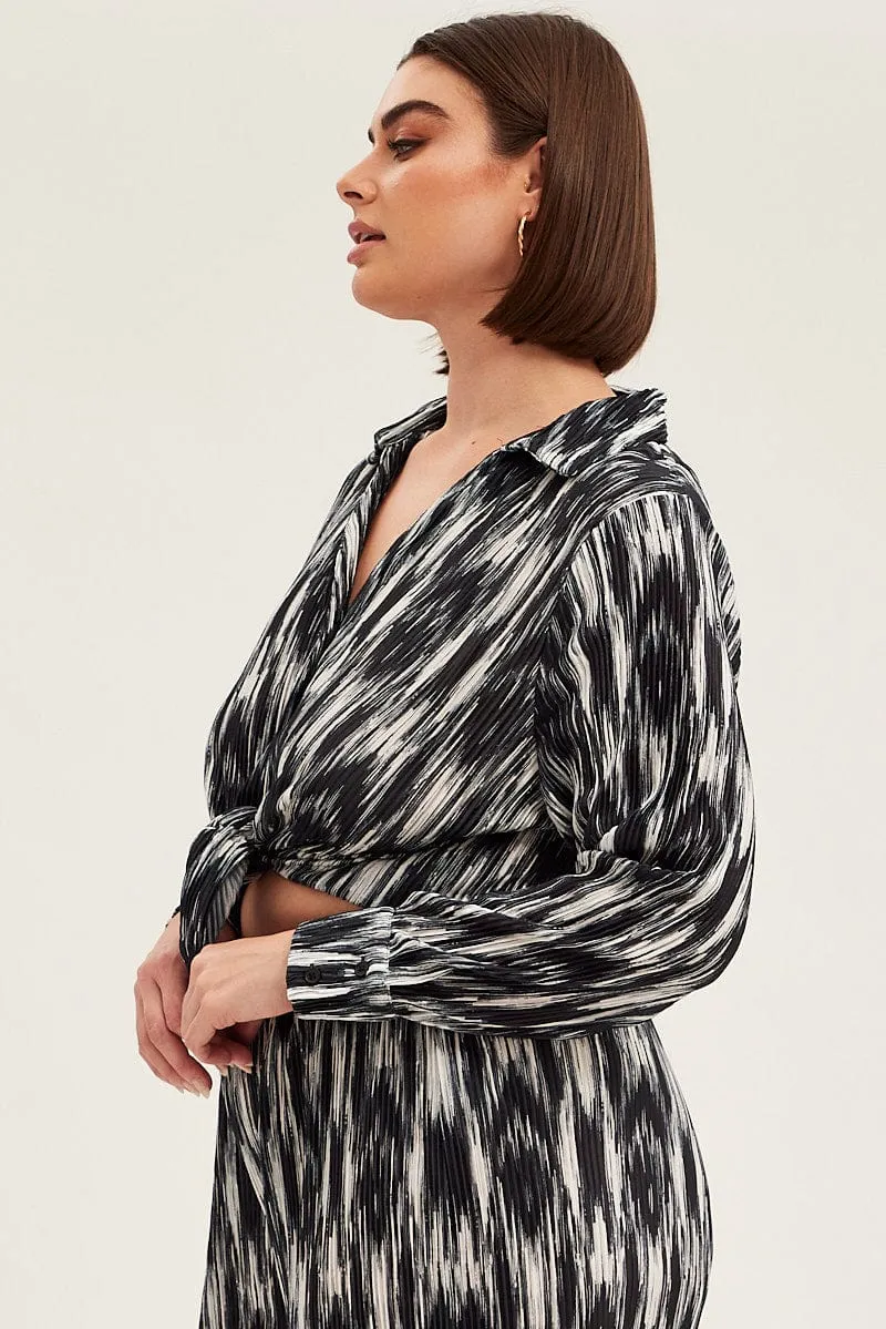 Black Abstract Relaxed Shirt Long Sleeve V-neck Plisse