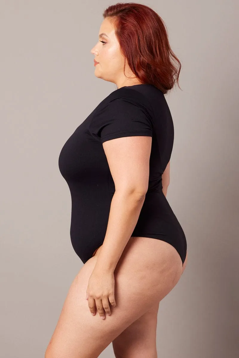 Black Bodysuit Short Sleeve Square Neck Supersoft