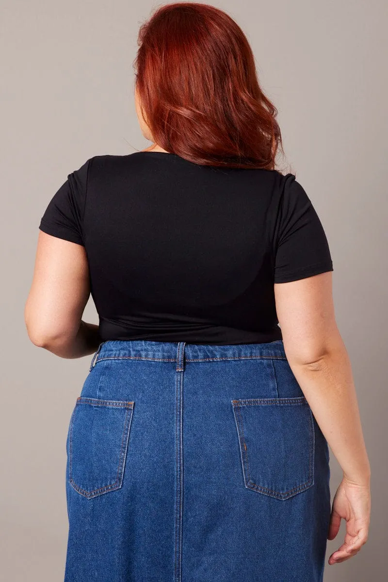 Black Bodysuit Short Sleeve Square Neck Supersoft