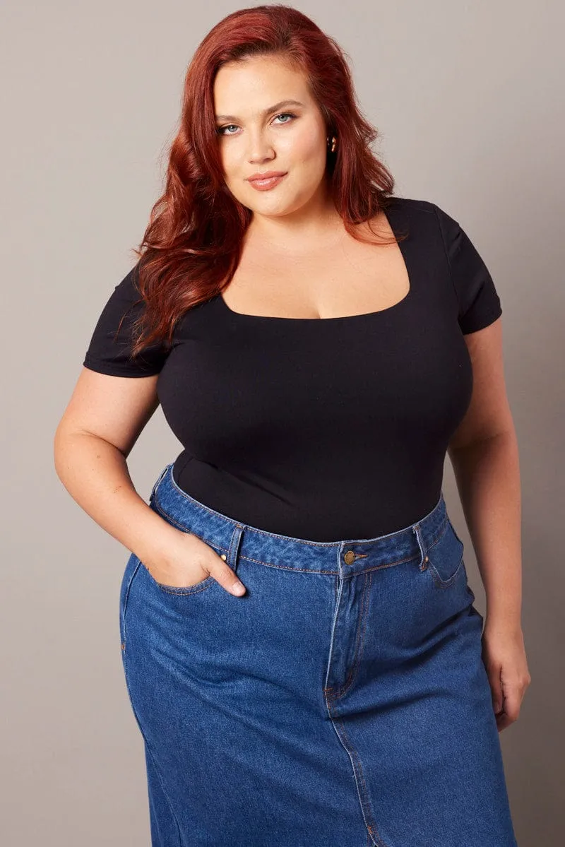 Black Bodysuit Short Sleeve Square Neck Supersoft