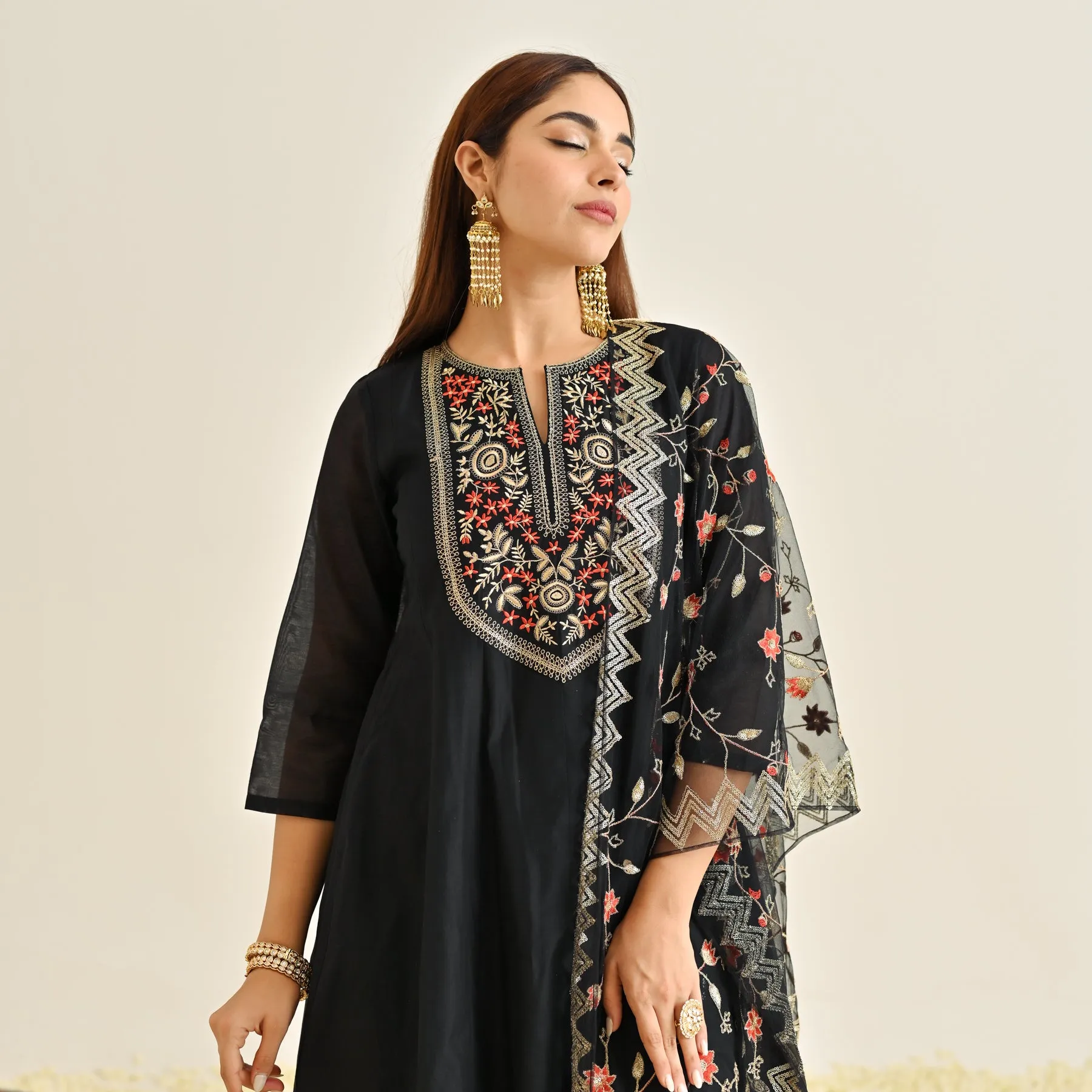 Black Festive Anarkali Set with Embroidered Dupatta & Yoke Detail