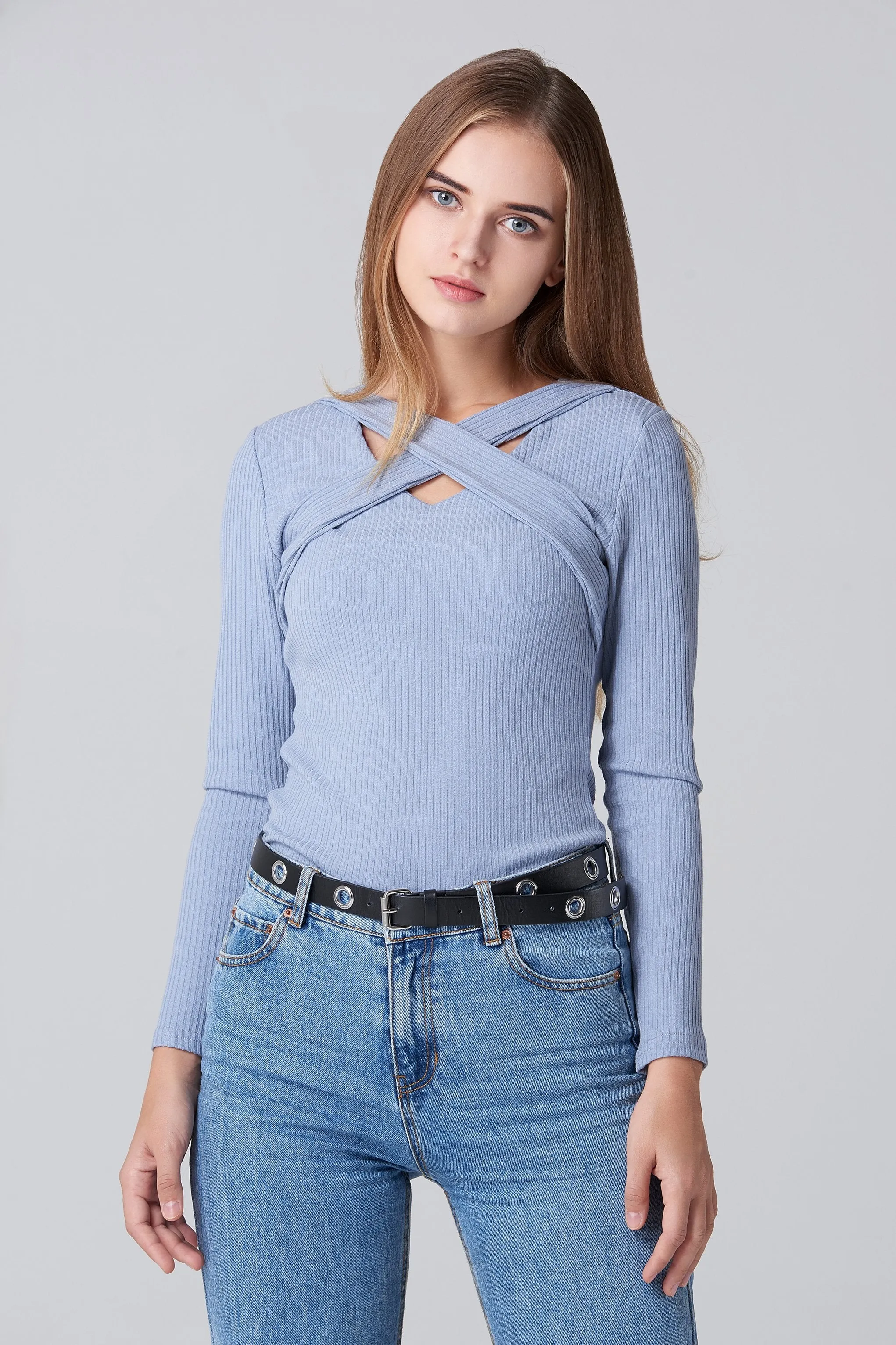 Blue Cross Body Sleeved Top