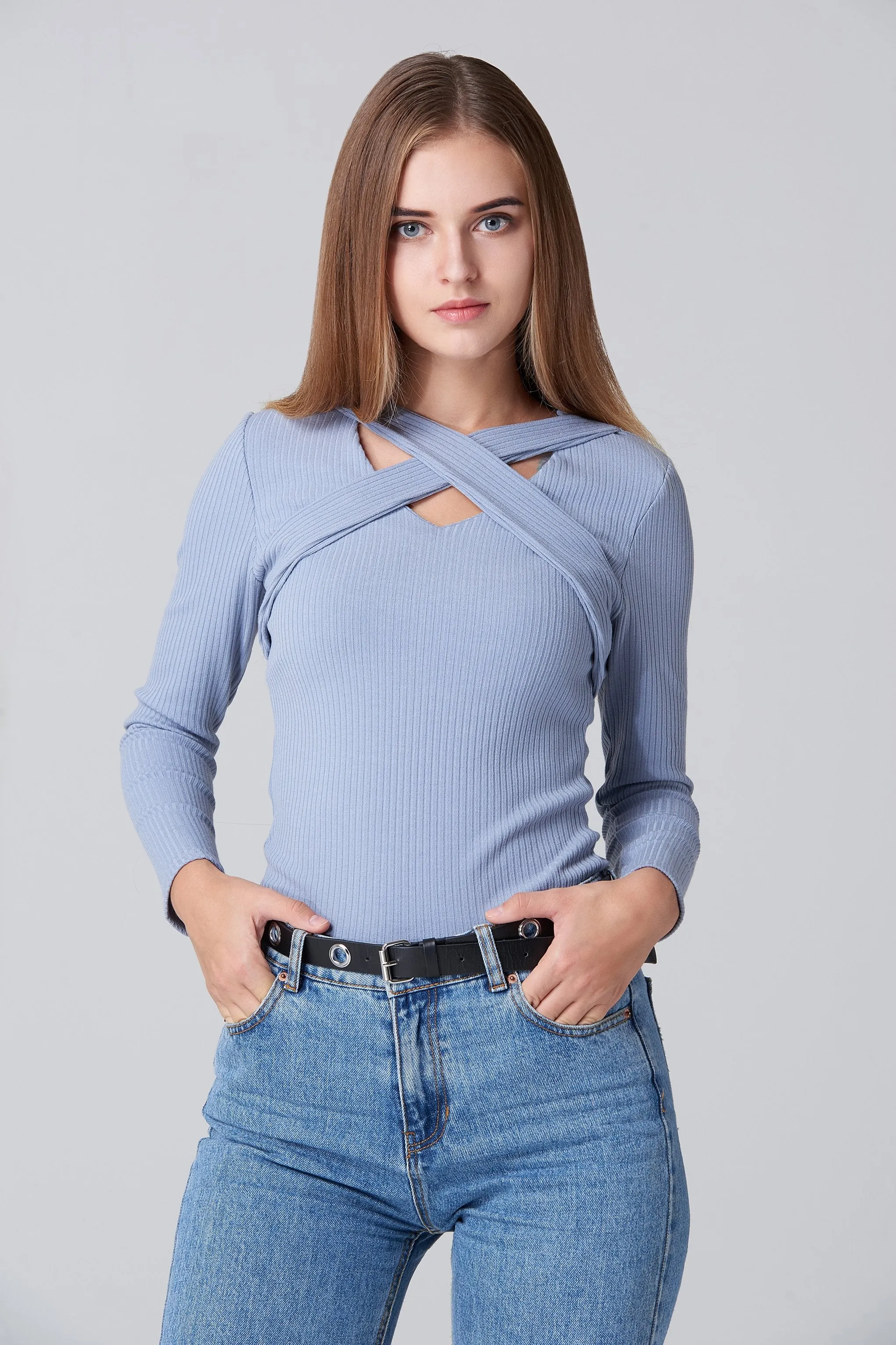 Blue Cross Body Sleeved Top