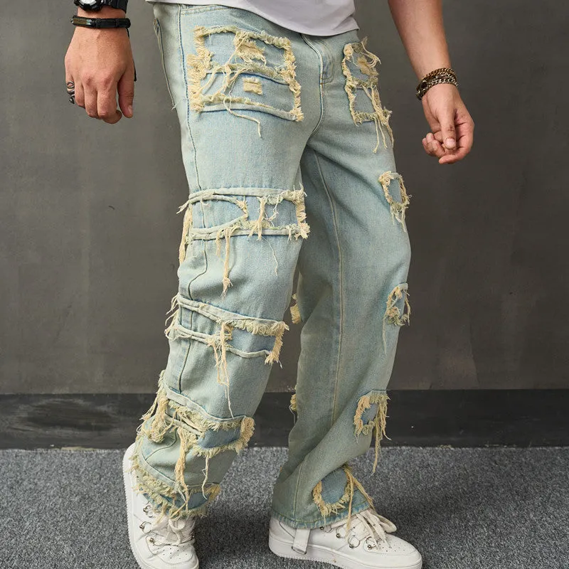 Bonsir 90s fashion men American Style Retro Wide Leg Jeans Men's American Style Trendy Loose Trousers High Street Wide Leg Pants