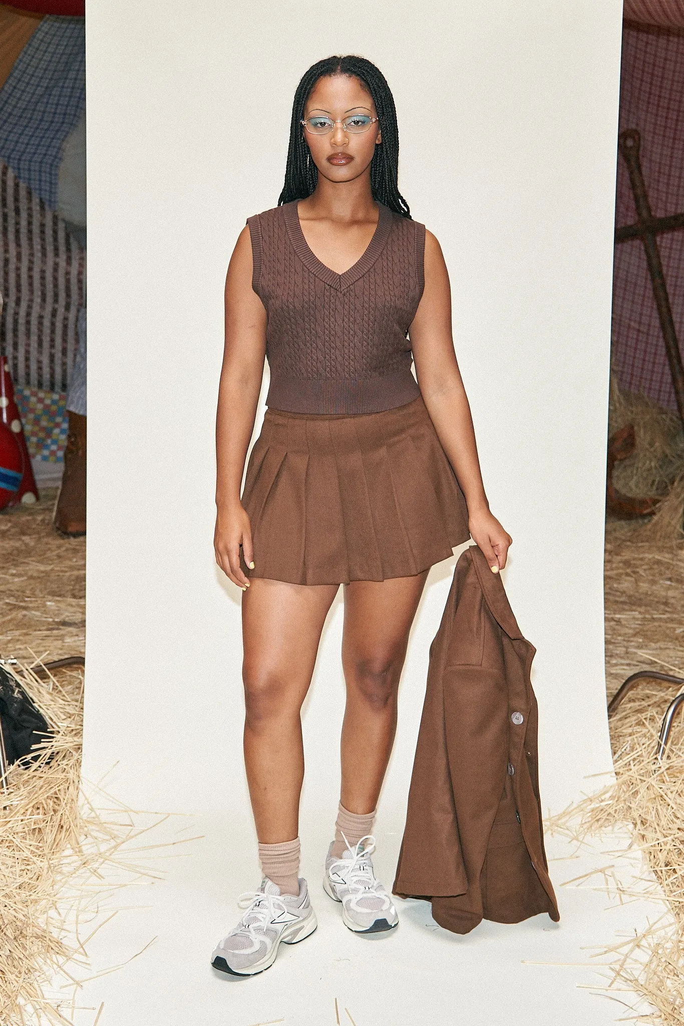 Brown Pleated Micro Mini Skirt