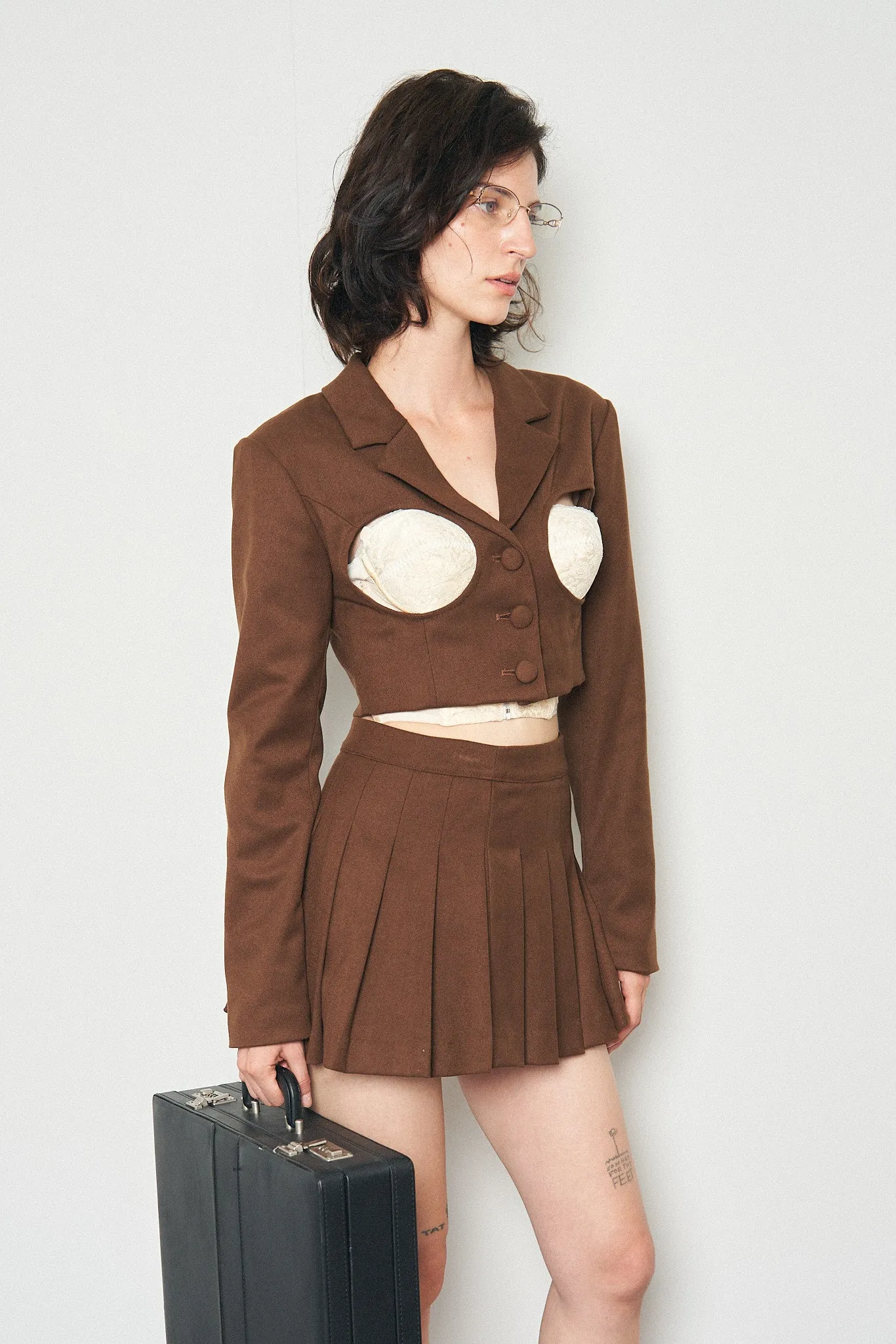 Brown Pleated Micro Mini Skirt