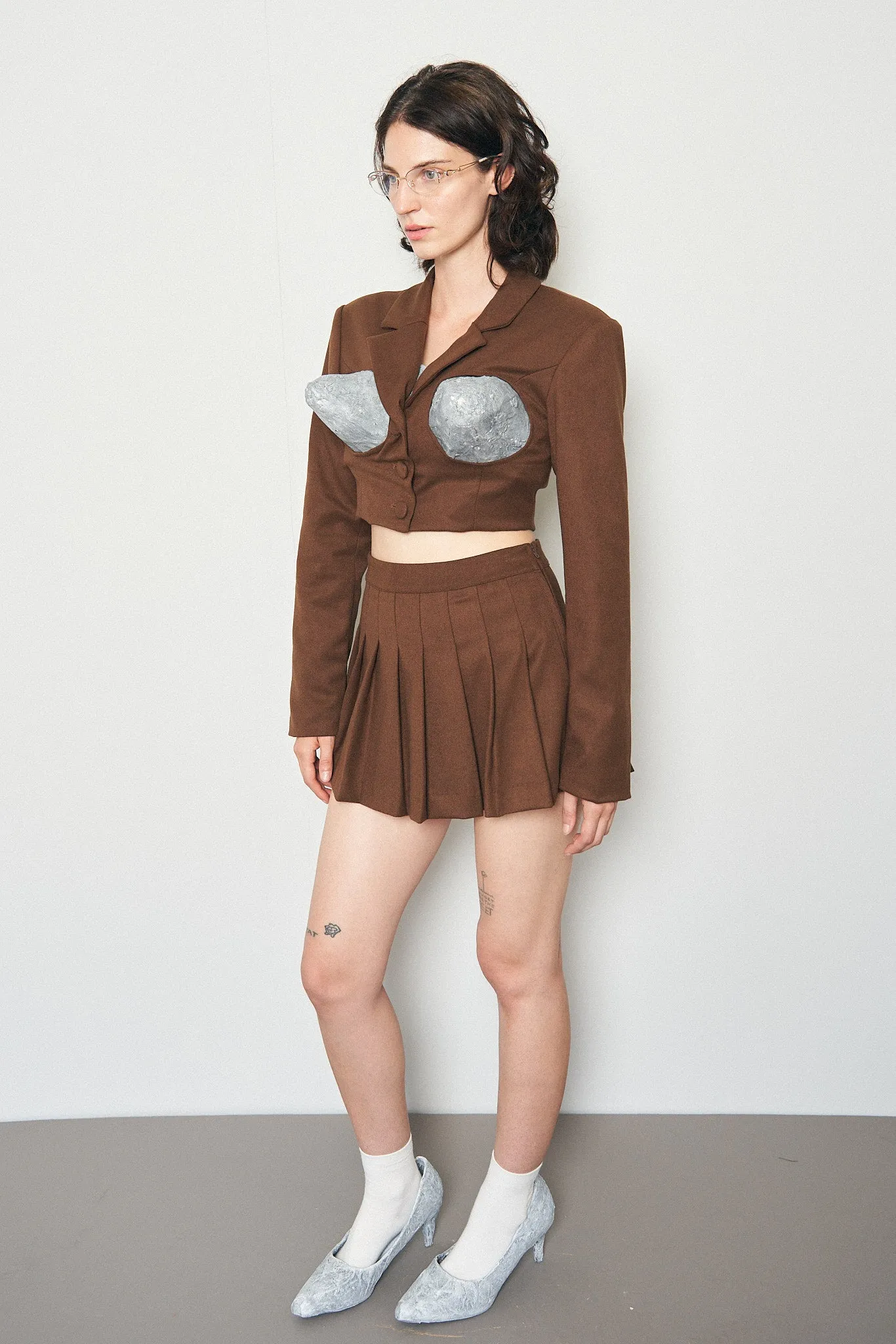 Brown Pleated Micro Mini Skirt