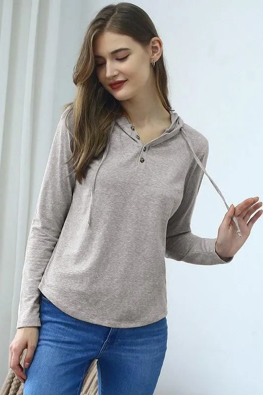 BUTTON DOWN HENLEY LIGHT WEIGHT HOODIE TOP