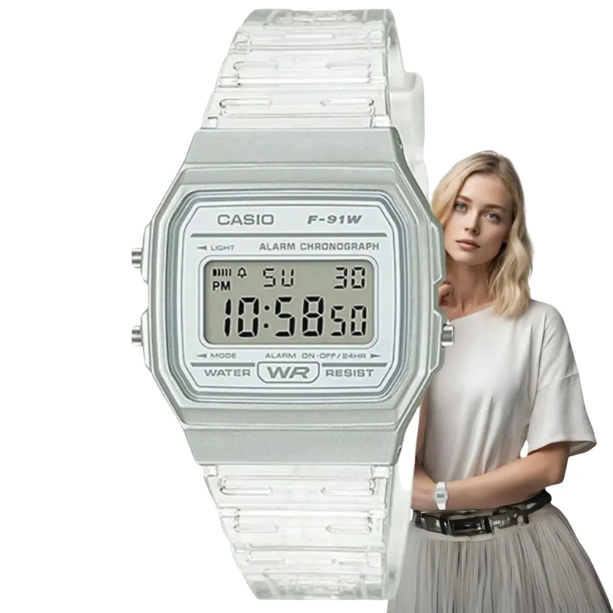 Casio Vintage Digital Transparent Resin Strap Ladies Watch | F-91WS-7DF
