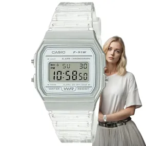 Casio Vintage Digital Transparent Resin Strap Ladies Watch | F-91WS-7DF