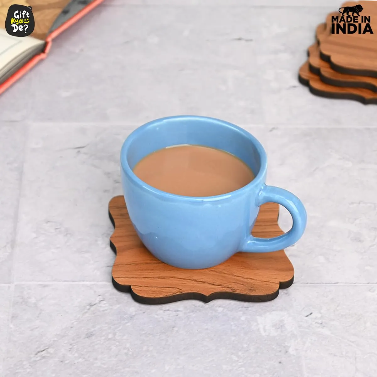 Coaster Set Maharaja & Natural Design | Premium Wooden Table Coasters with Anti Slip Grip | 4 pc Wooden Coasters (4 x 4 inch)