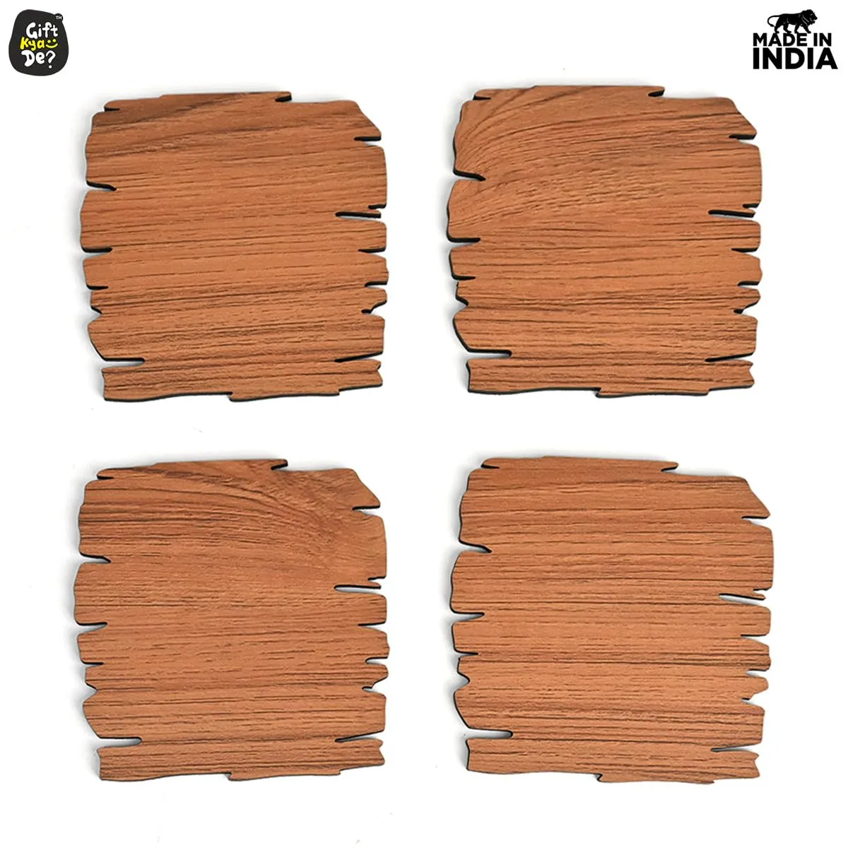 Coaster Set Maharaja & Natural Design | Premium Wooden Table Coasters with Anti Slip Grip | 4 pc Wooden Coasters (4 x 4 inch)