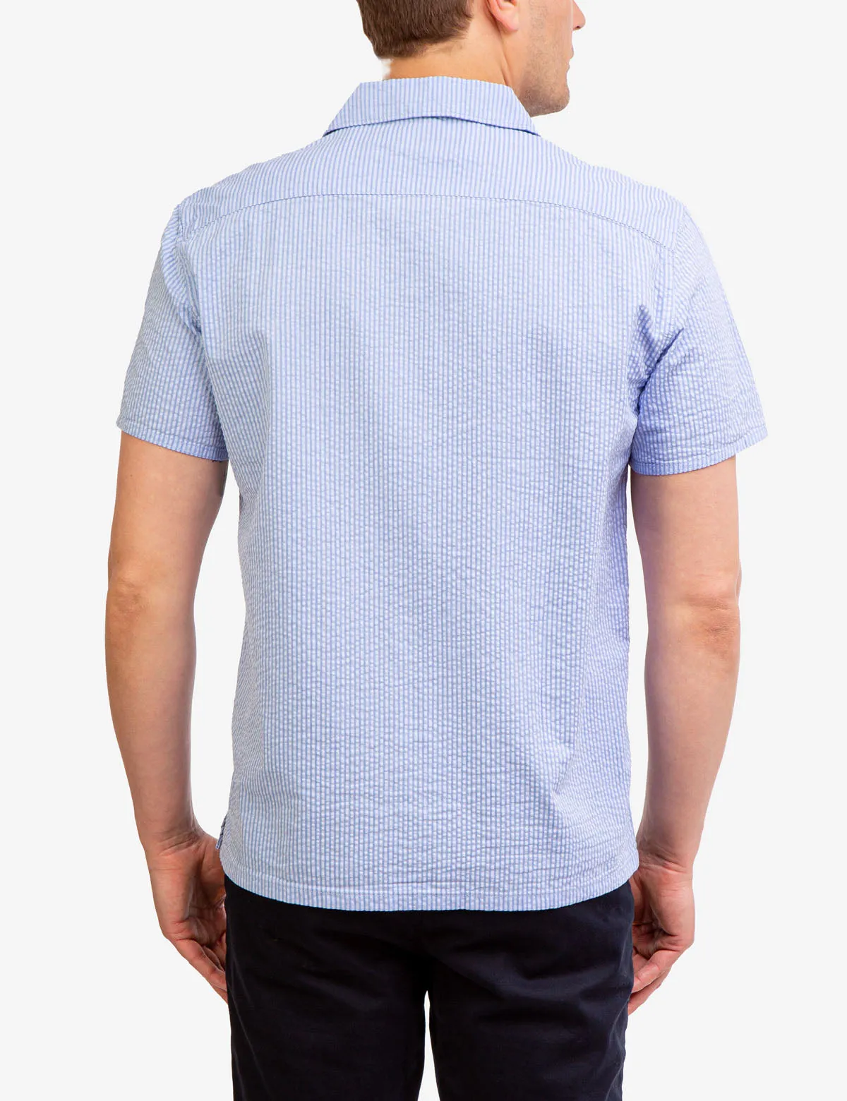 CONVERTIBLE COLLAR SEERSUCKER STRIPE SHIRT