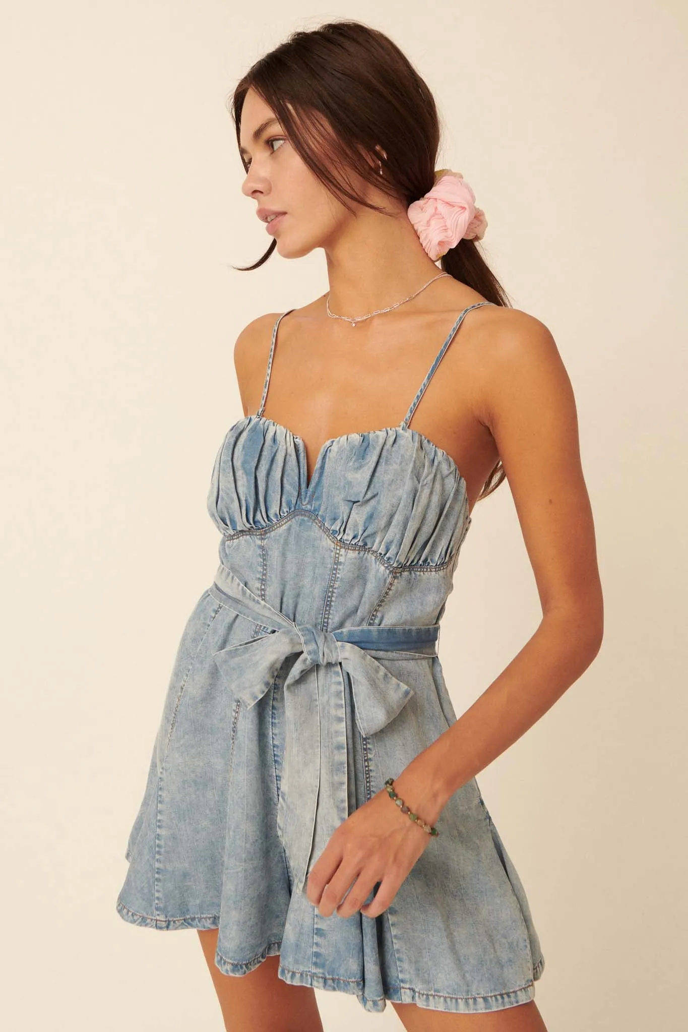 Counting Clouds Acid-Wash Denim Skort Romper
