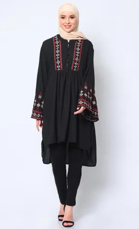 Elegant Machine-Embroidered Black Tunic with Flared Sleeves