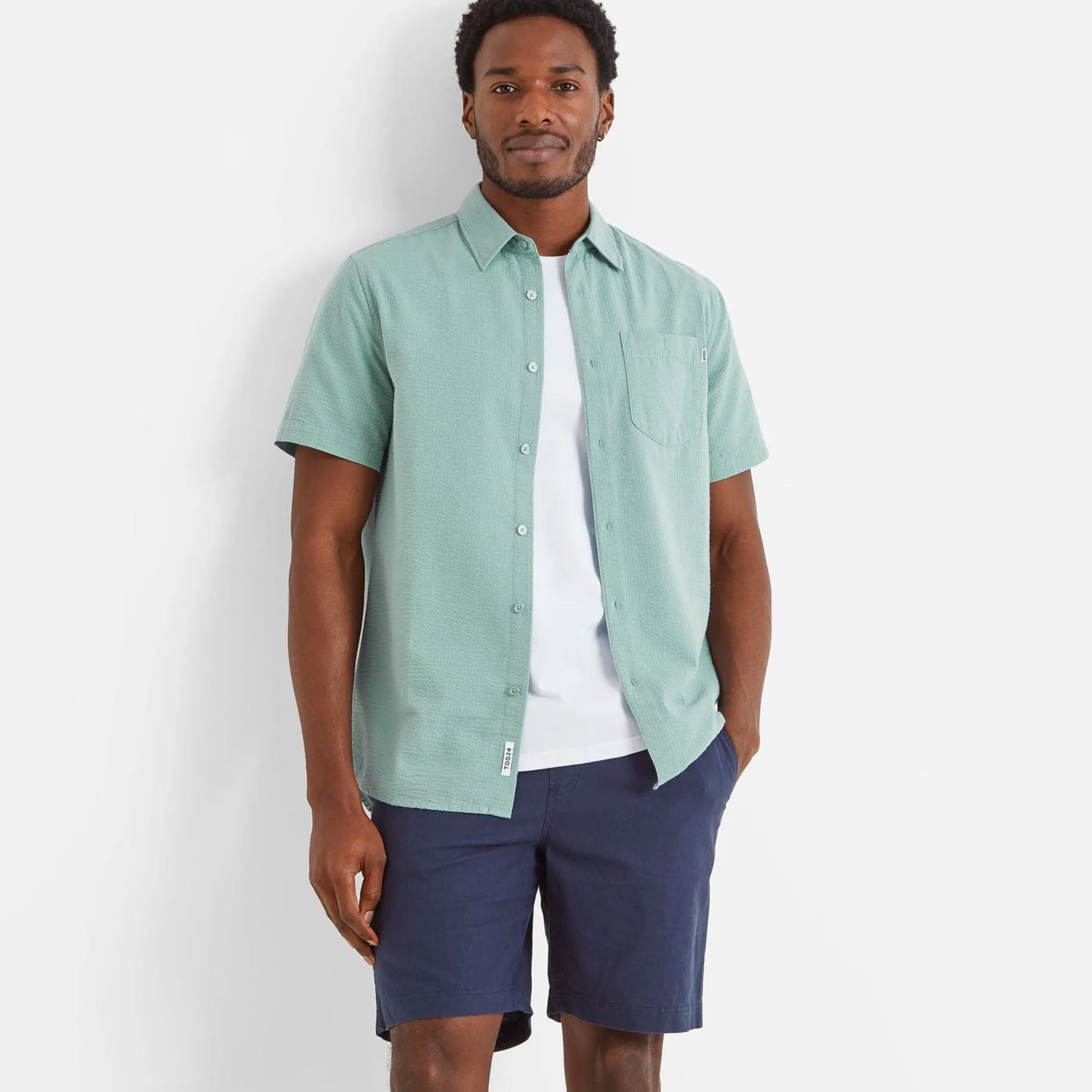 Fenton Mens Short Sleeve Shirt - Muted Teal Seersucker