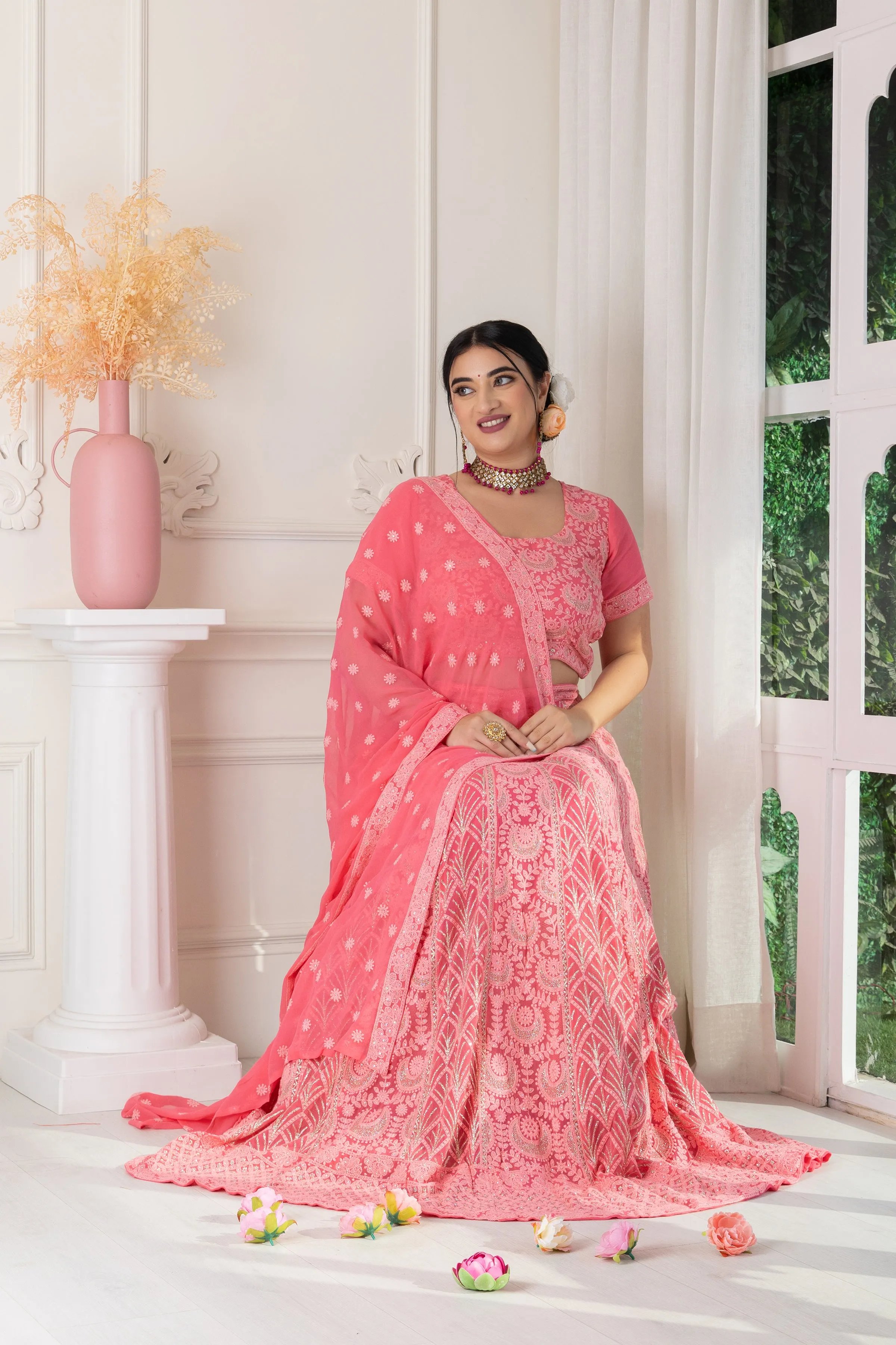 Gulabi Mehak Lucknowi Woven Lehenga