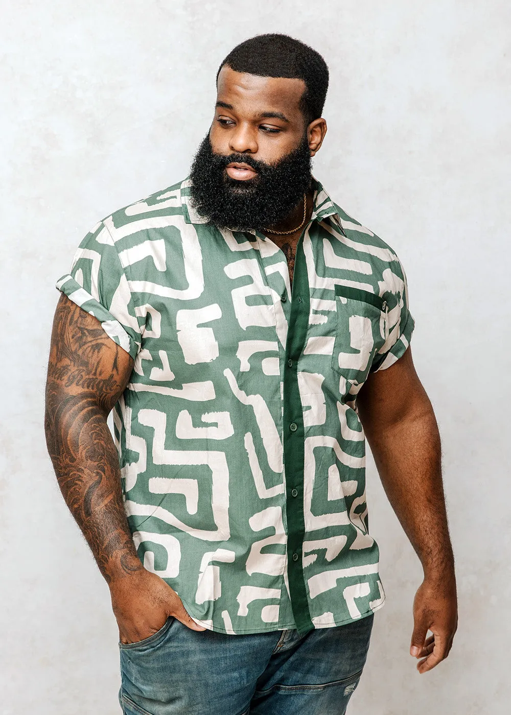 Hakim Men's Button-Up Shirt (Olive Geometric)