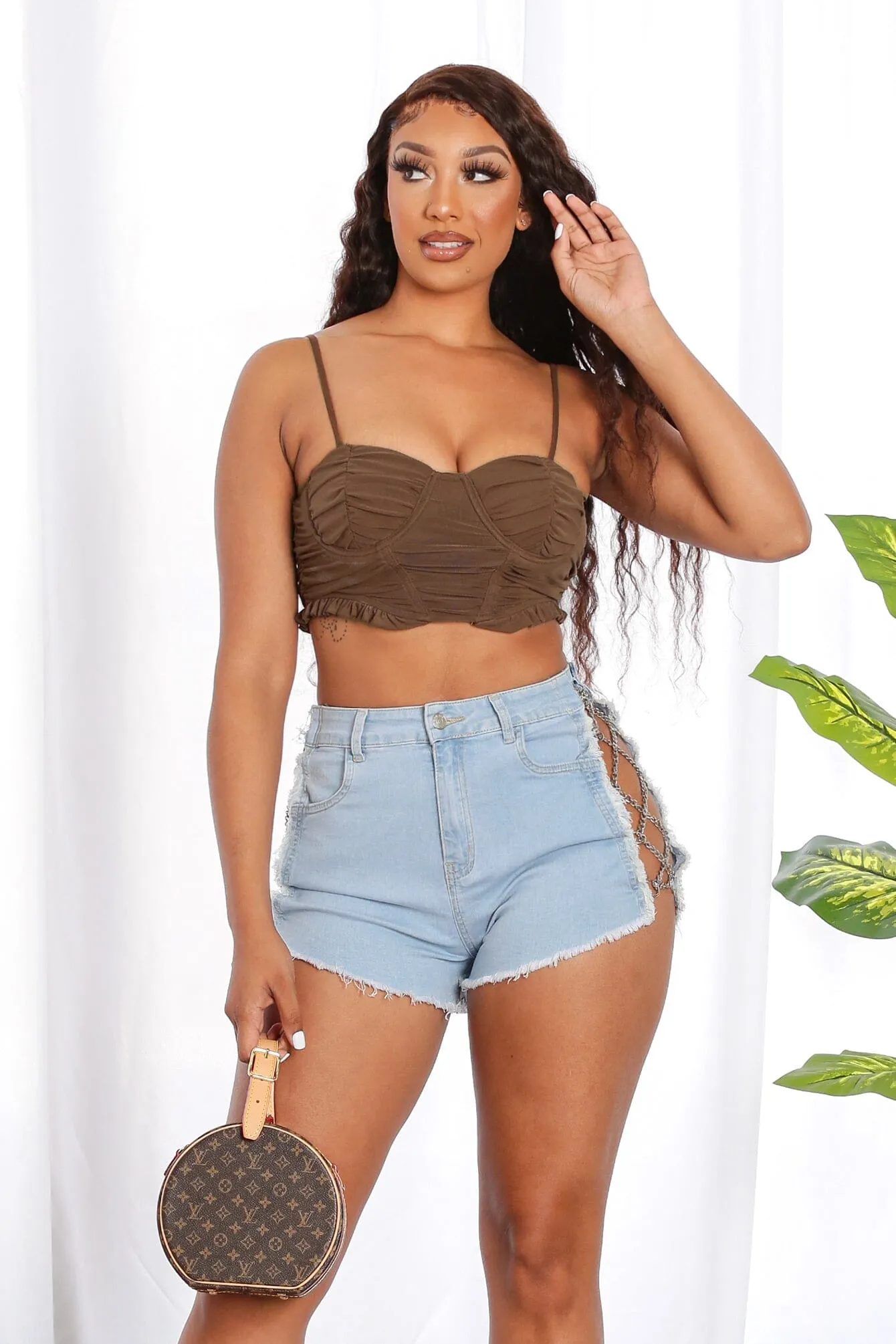 Hello Everyone Side Chain Caged Denim Shorts