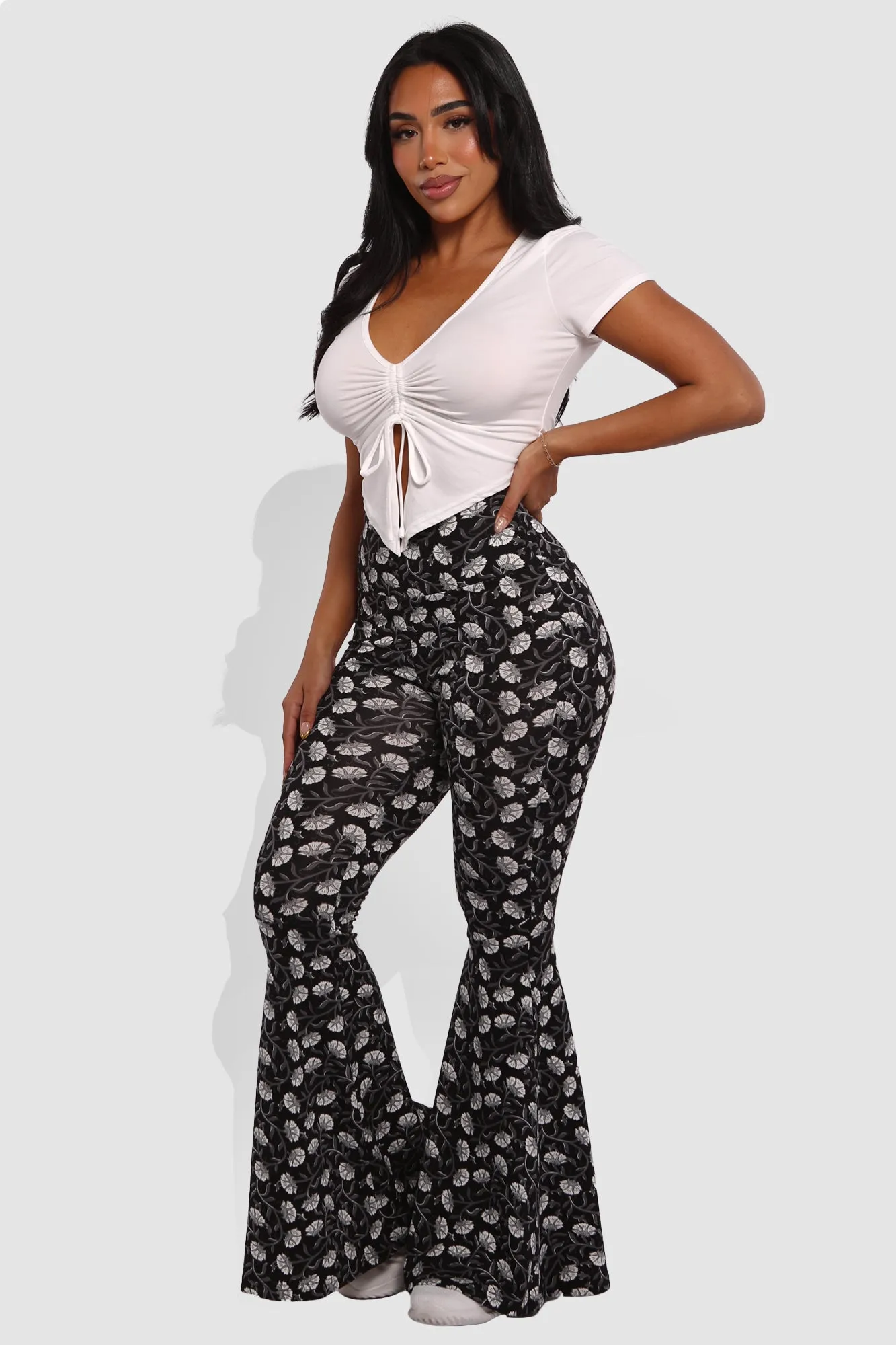 High Waist Soft Brushed Wide Flare Pants - Black, White Floral