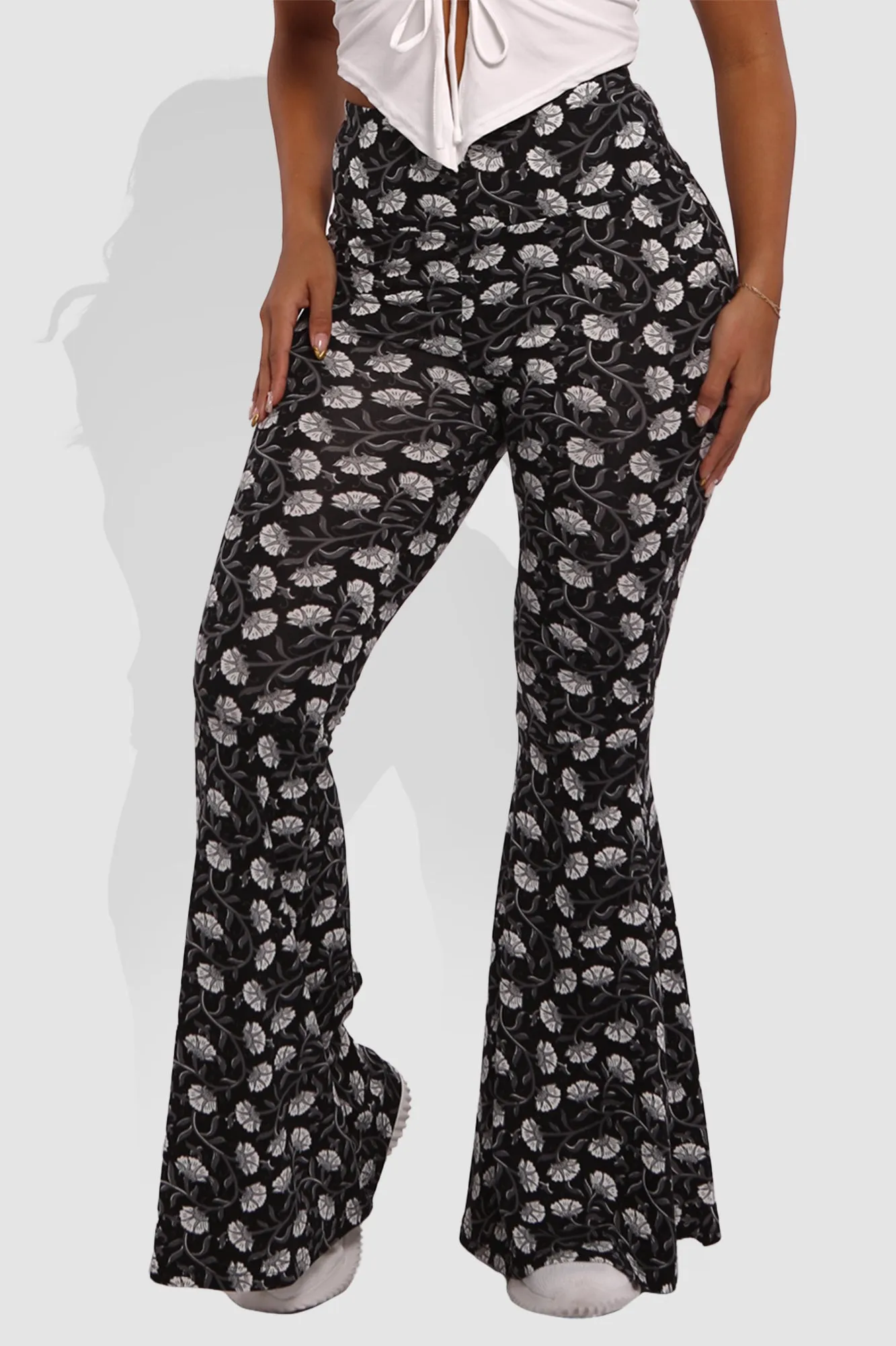 High Waist Soft Brushed Wide Flare Pants - Black, White Floral