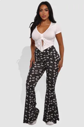 High Waist Soft Brushed Wide Flare Pants - Black, White Floral