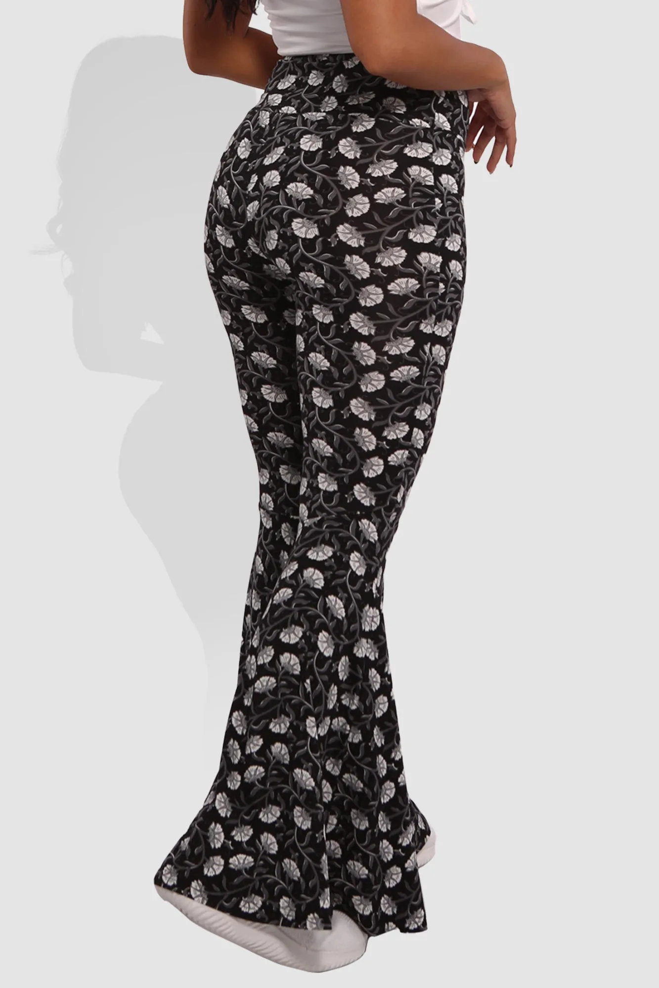 High Waist Soft Brushed Wide Flare Pants - Black, White Floral