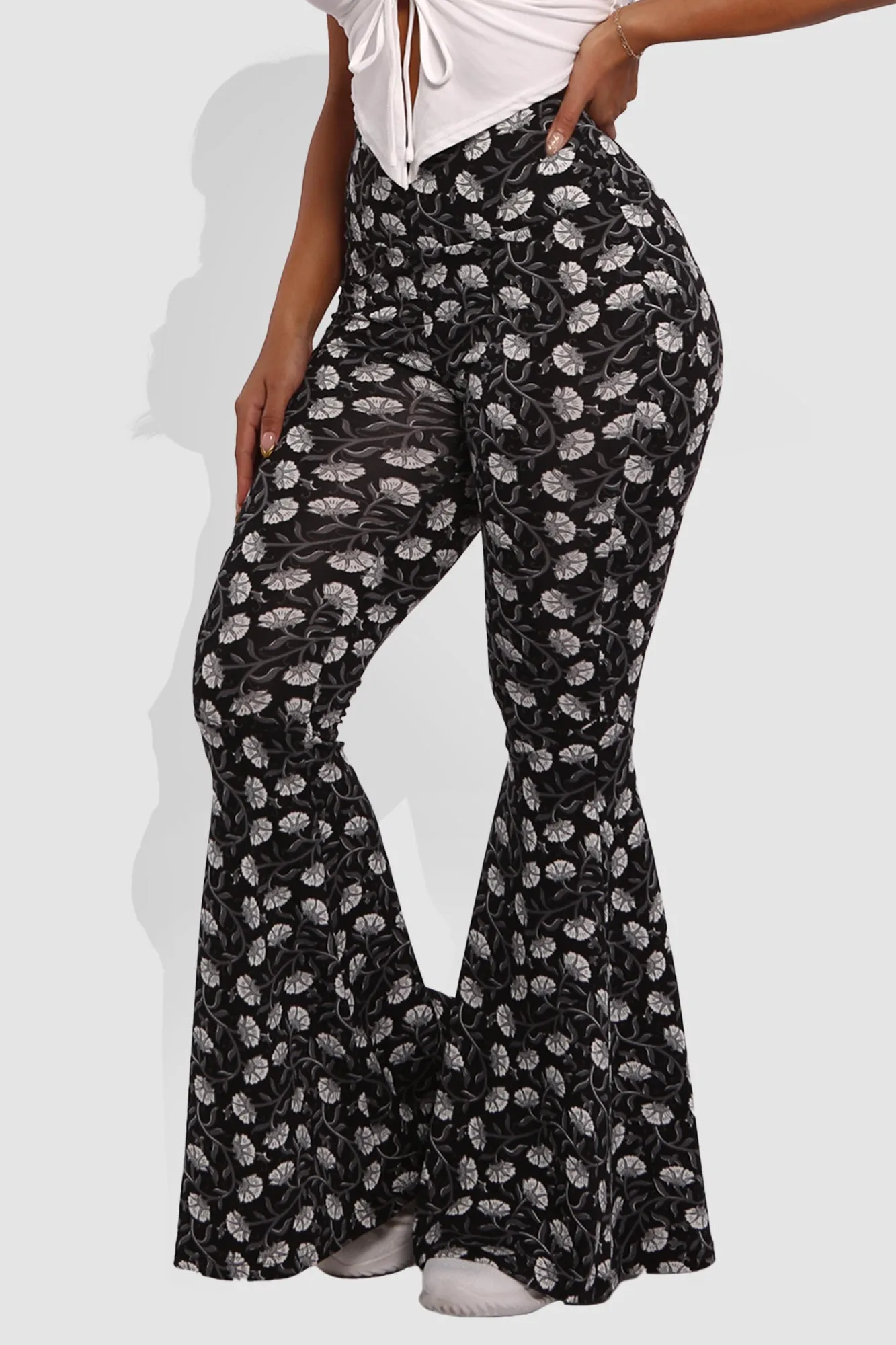 High Waist Soft Brushed Wide Flare Pants - Black, White Floral