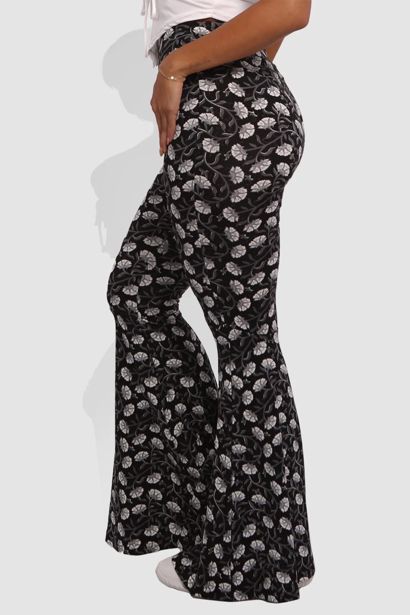 High Waist Soft Brushed Wide Flare Pants - Black, White Floral