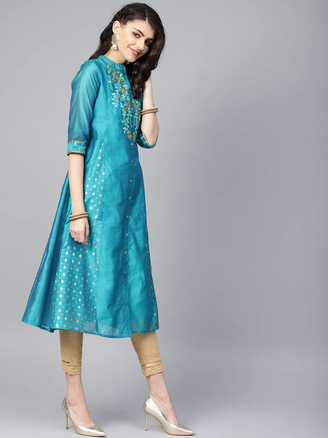Juniper Teal Chanderi Ethnic Motif Printed with Embroidery Anarkali Women Kurta With Buttons
