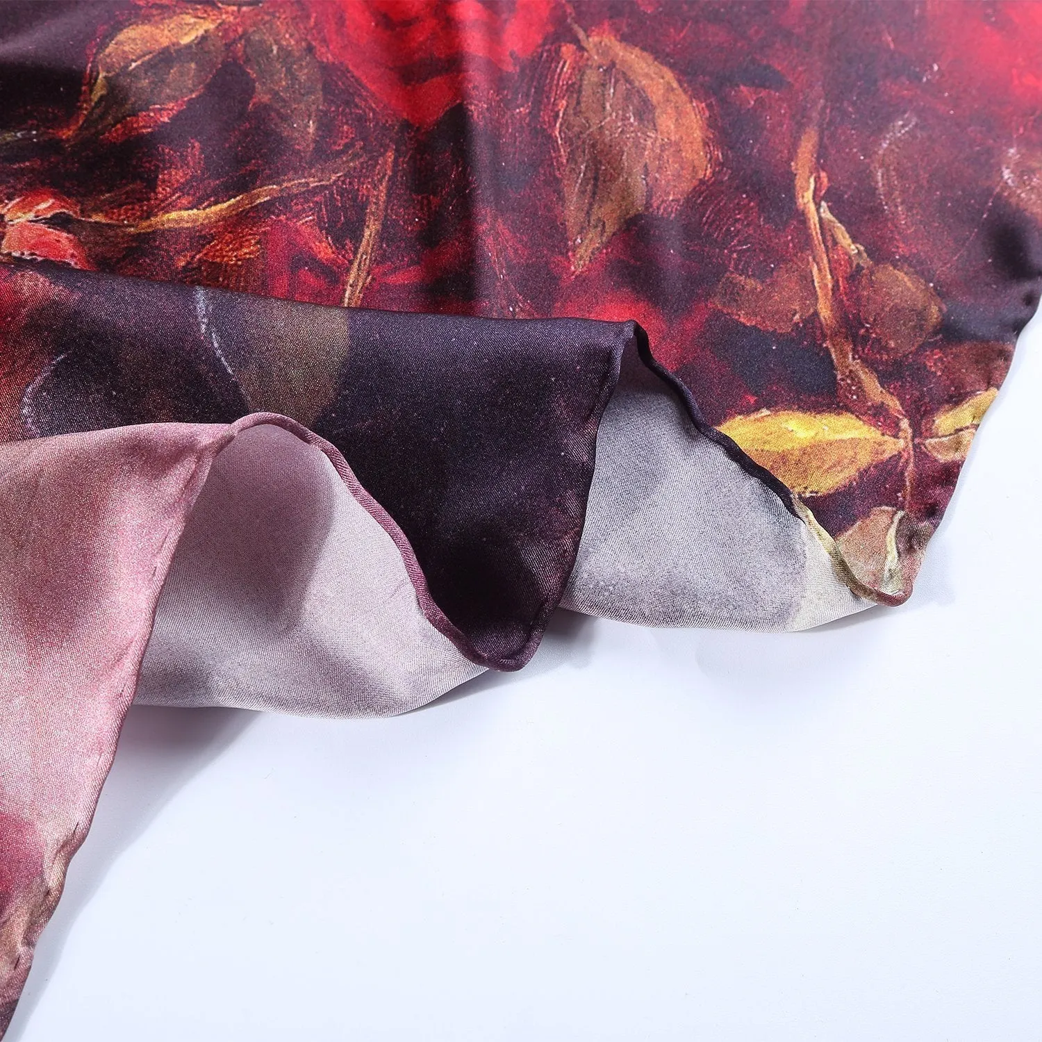 Large Square Charmeuse Silk Scarf Red Theme Floral Print DFJ050