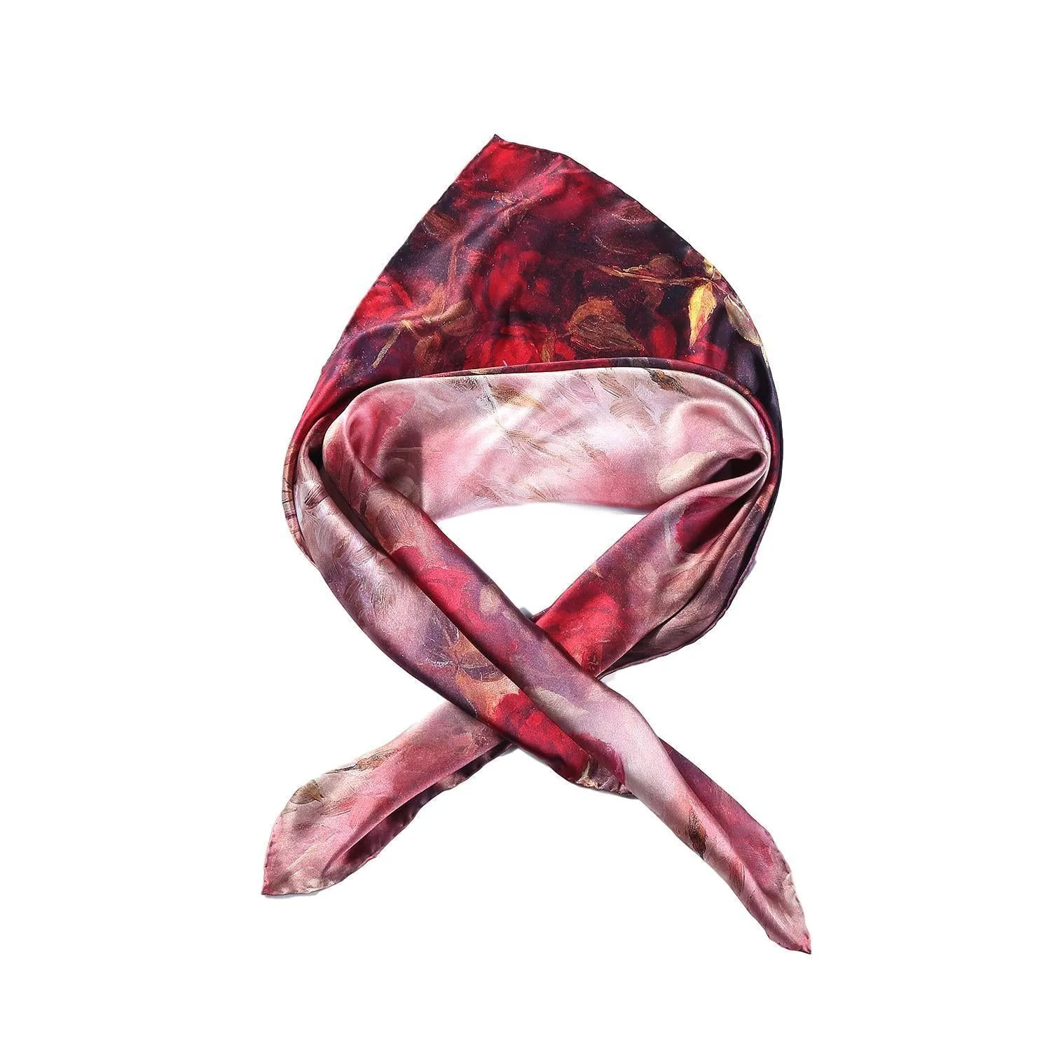 Large Square Charmeuse Silk Scarf Red Theme Floral Print DFJ050