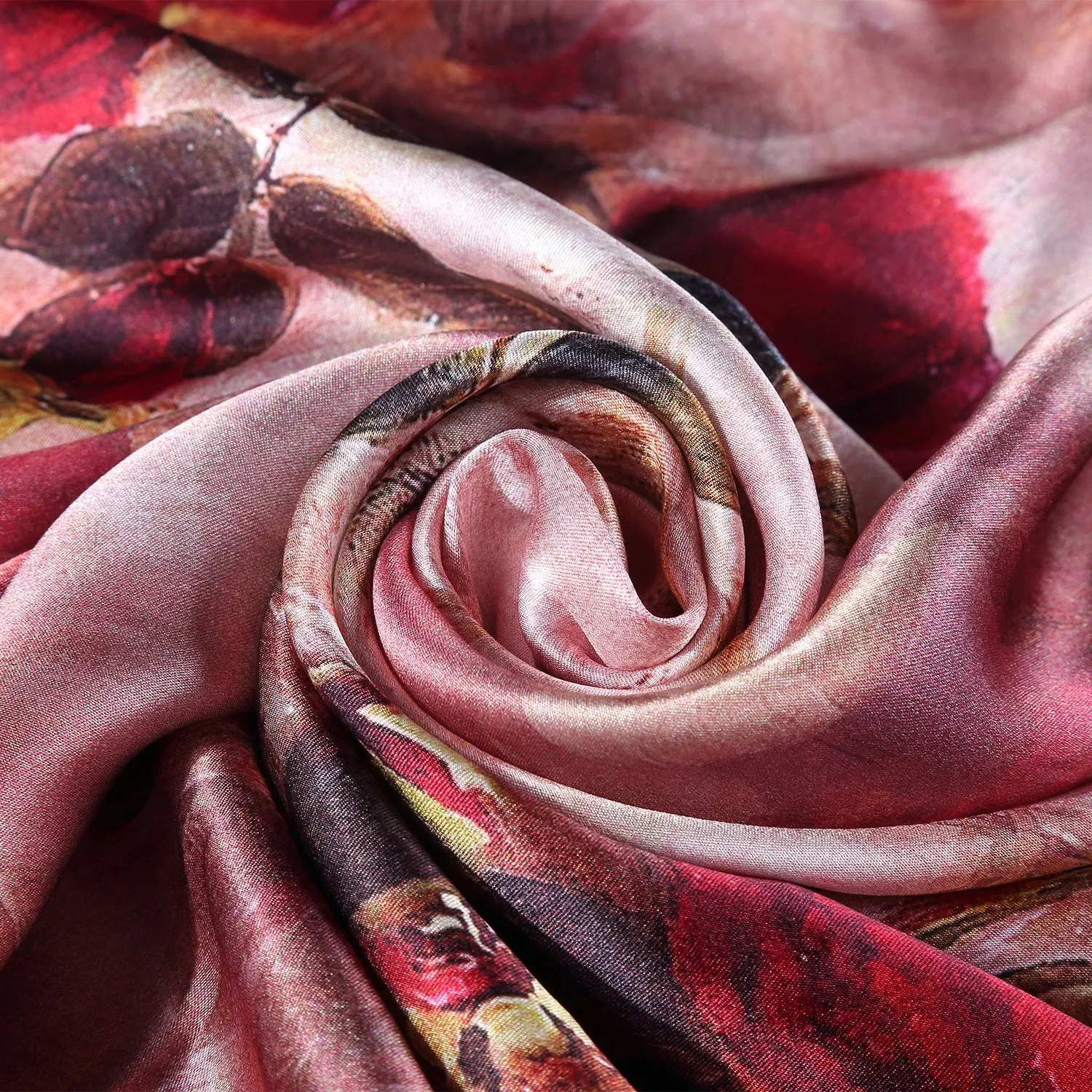 Large Square Charmeuse Silk Scarf Red Theme Floral Print DFJ050